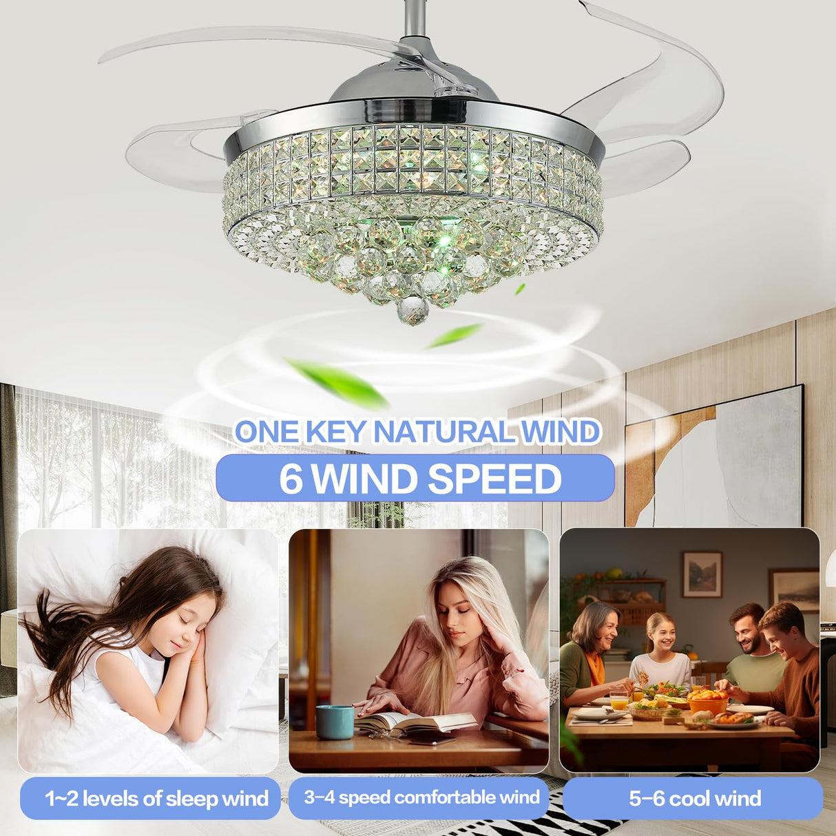 Zynfandor 48" Bluetooth Ceiling Fan with Light and Speaker,RGB Retractable Blades Crystal Fandelier Music Player LED Chandelier 6-Speed APP Control Timer Remote Control for Bedroom Silver Zynfandor