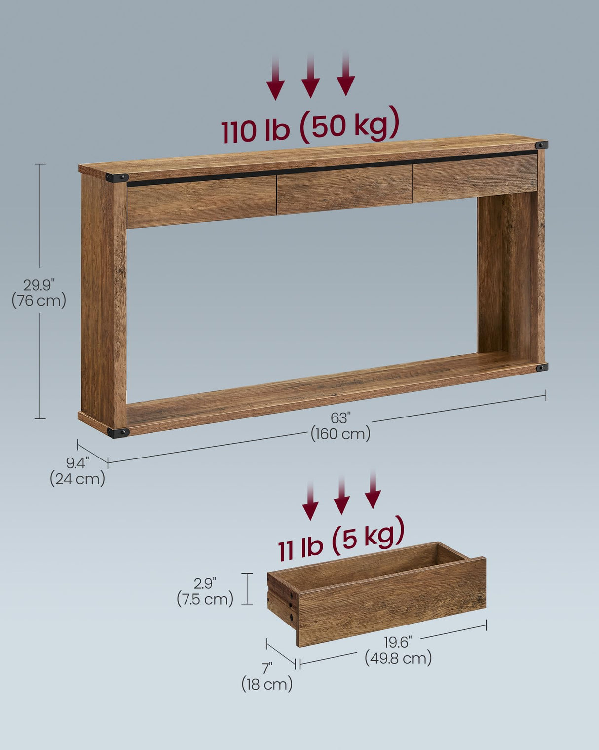 VASAGLE Sofa Console Table, 63 Inches Narrow Entryway Table with 3 Drawers, Bottom Shelf, Metal Corners, for Living Room, Bedroom, Farmhouse Style, Honey Brown ULNT146KB01S VASAGLE