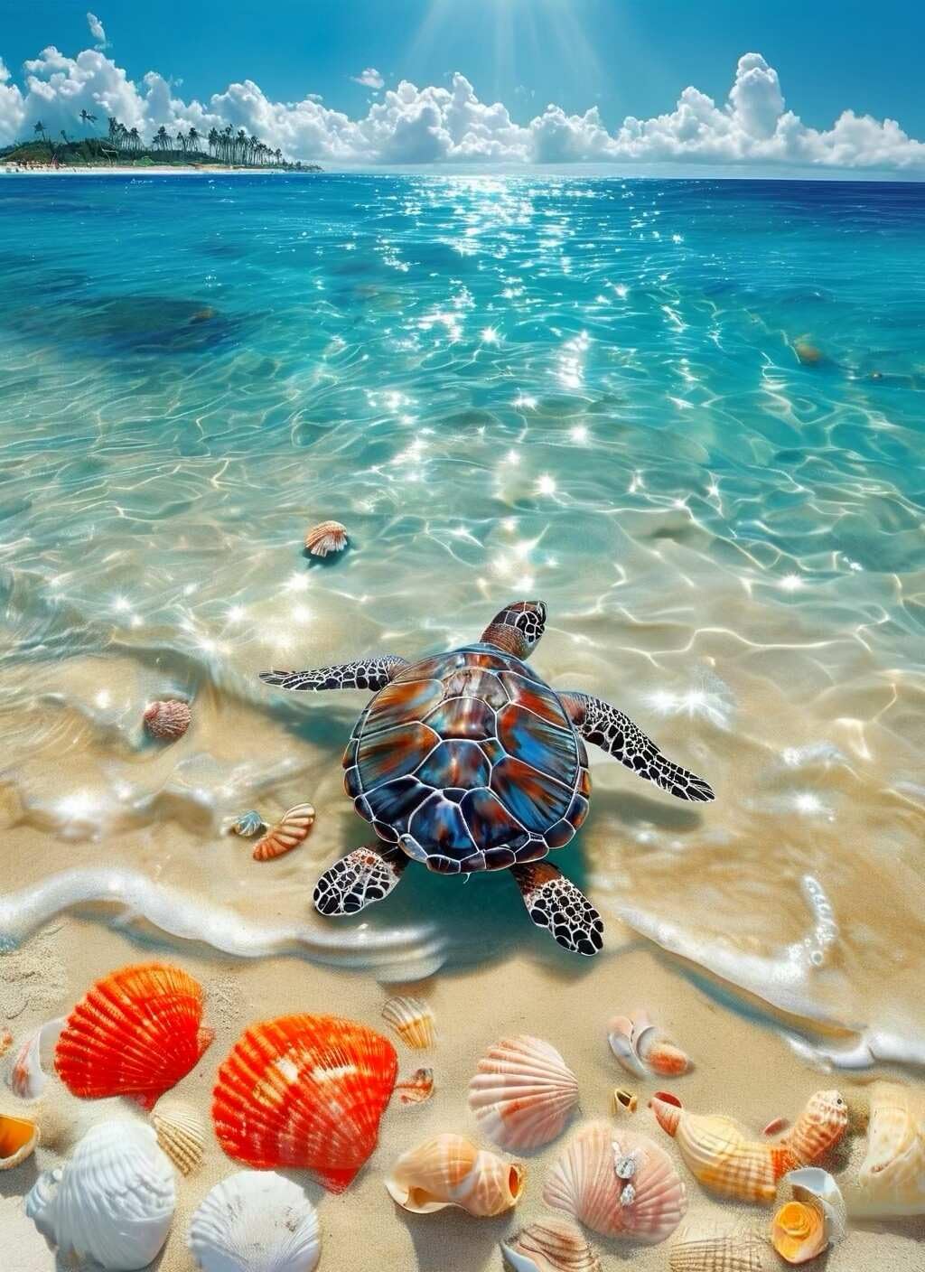 PINFFSHU 5D Diamond Painting Kits: Sea Turtle on Beach with Seashells - DIY Full Drill Relaxation Art for Adults & Beginners - Sparkling Gem Dots Crystal Coastal Scenery Home Wall Decor 12 x 16 Inch PINFFSHU