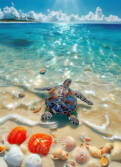 PINFFSHU 5D Diamond Painting Kits: Sea Turtle on Beach with Seashells - DIY Full Drill Relaxation Art for Adults & Beginners - Sparkling Gem Dots Crystal Coastal Scenery Home Wall Decor 12 x 16 Inch