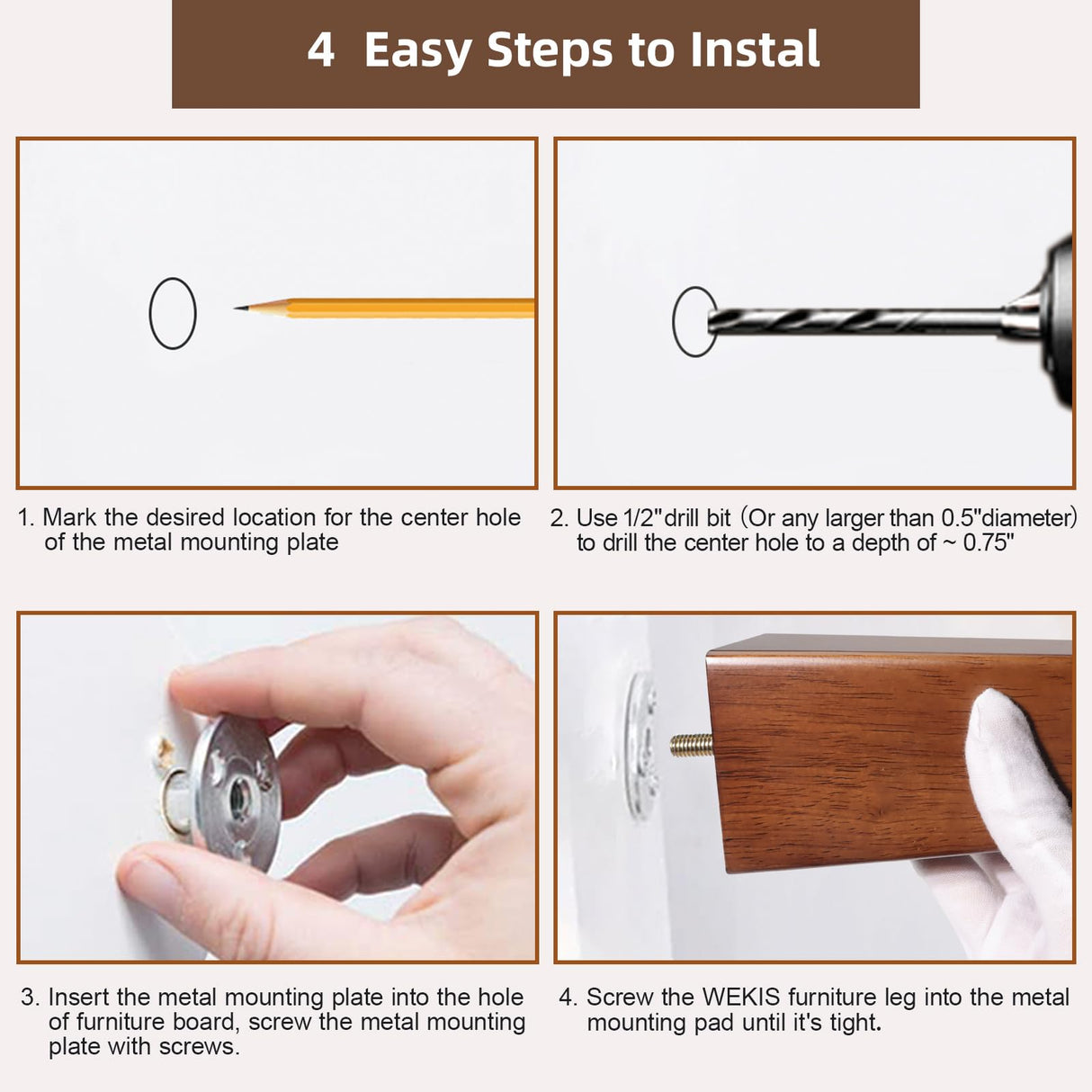 WEKIS Solid Wooden Furniture Legs 8 Inch, Natural Wood Mid Century Brown Square Legs Furniture Replacements Feet for Couch Legs, Sofa Legs, Cabinet Legs, Bench Legs, Bed Legs, Set of 4 WEKIS