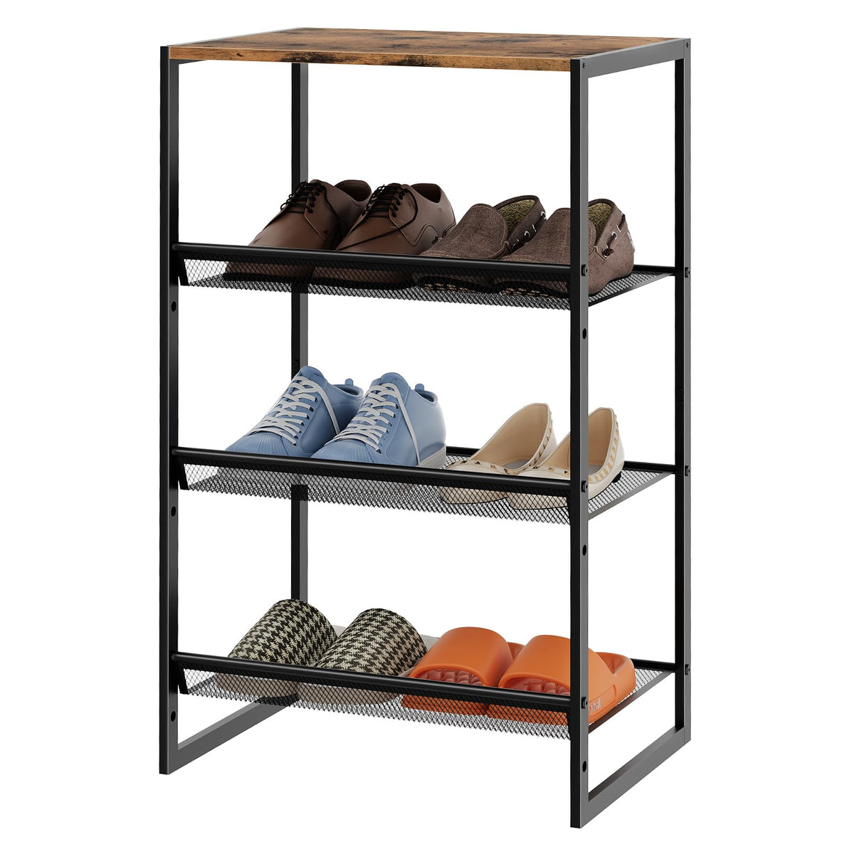 Garden 4 you 4 Tiers Narrow Shoe Rack,Small Space Freestanding Shoe Storage Organizer with Brown Wooden Tabletop,Adjustable Metal Shelf Stackable Shoe Shelf for Entryway Hallway Living Room Closet Garden 4 you