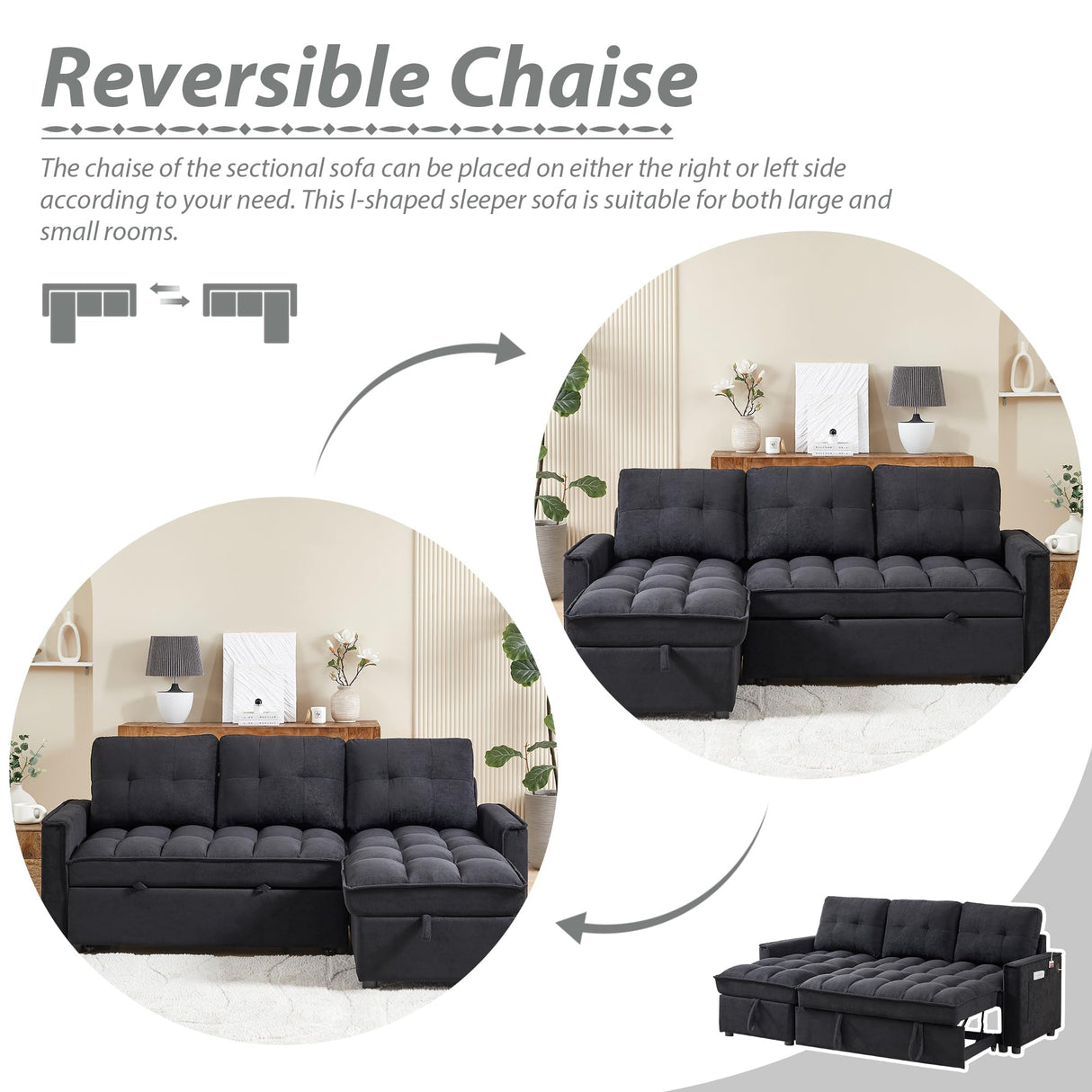 L-shape Pull out Sleeper Sofa Couch Bed,Modern Sofa Bed with Reversible Storage Chaise Lounge,Velvet Upholstered Tufted Sectional Corner Sofabed with USB Ports and Side Pockets for Living Room,Bedroom KINFFICT