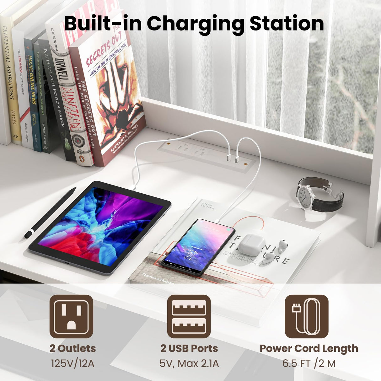 Giantex 43.5" Modern Computer Desk with Power Outlet, Keyboard Tray & Storage for Home Office Giantex