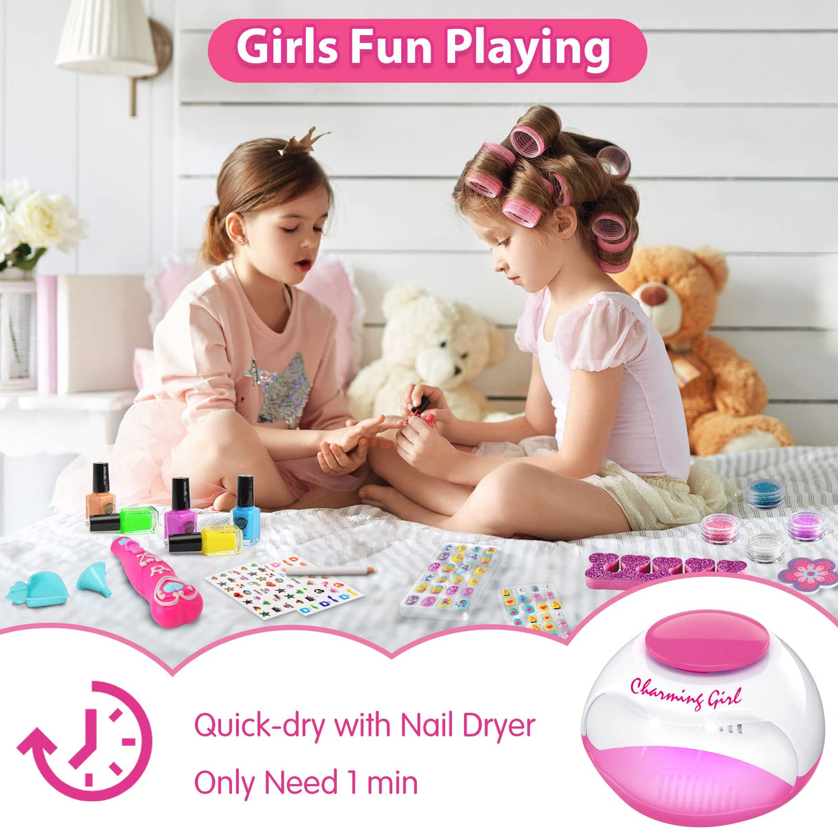 BATTOP Kids Nail Polish Set for Girls, Nail Art Kits with Nail Dryer & Glitter Pen, Quick Dry & Peel Off & Non-Toxic Nail Polish, Christmas Birthday Gifts for Girls Ages 6 7 8 9 10 11 12 BATTOP