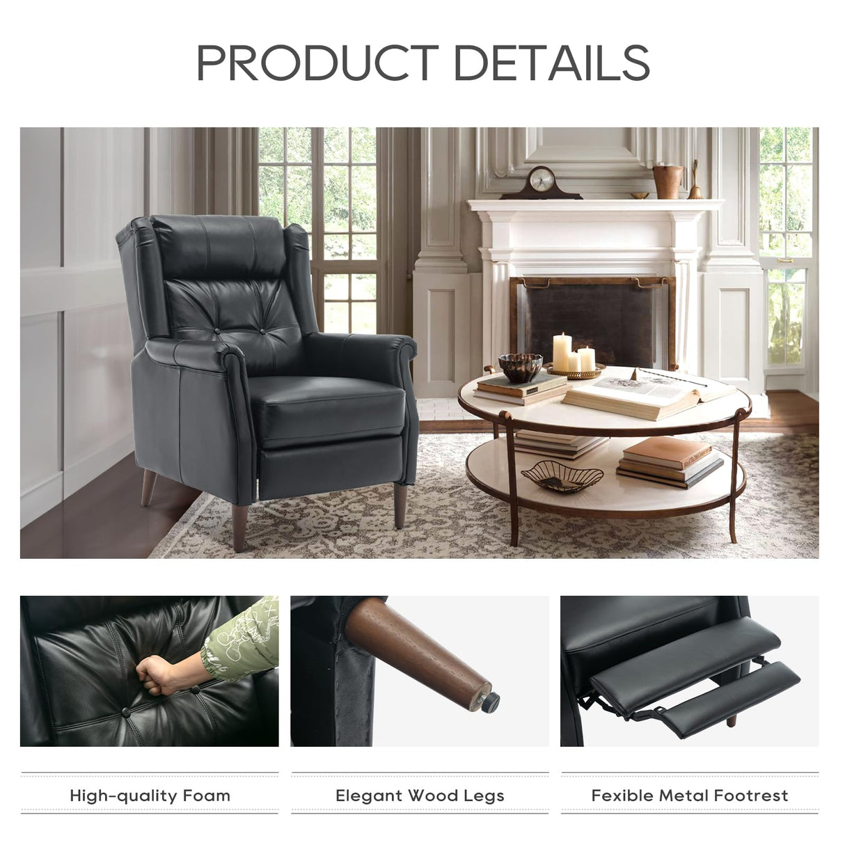 COLAMY Wingback Pushback Recliner Chair, Modern Upholstered Leather Living Room Chair Armchair with Button Tufted Back, Black COLAMY