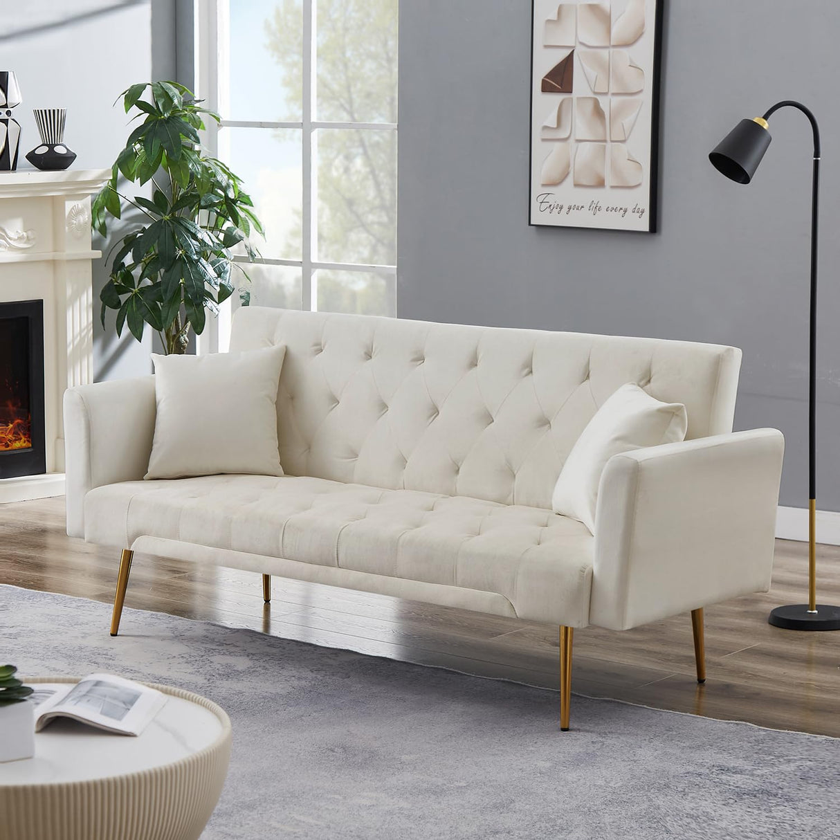 72"Modern Velvet Sofa Bed Futon,Convertible Folding Sleeper Couches with 3 Adjustable Backrests,Tufted Recliner Love Seat with Golden Chrome Legs for Living Room Apartment Home Office (Beige) Anwick