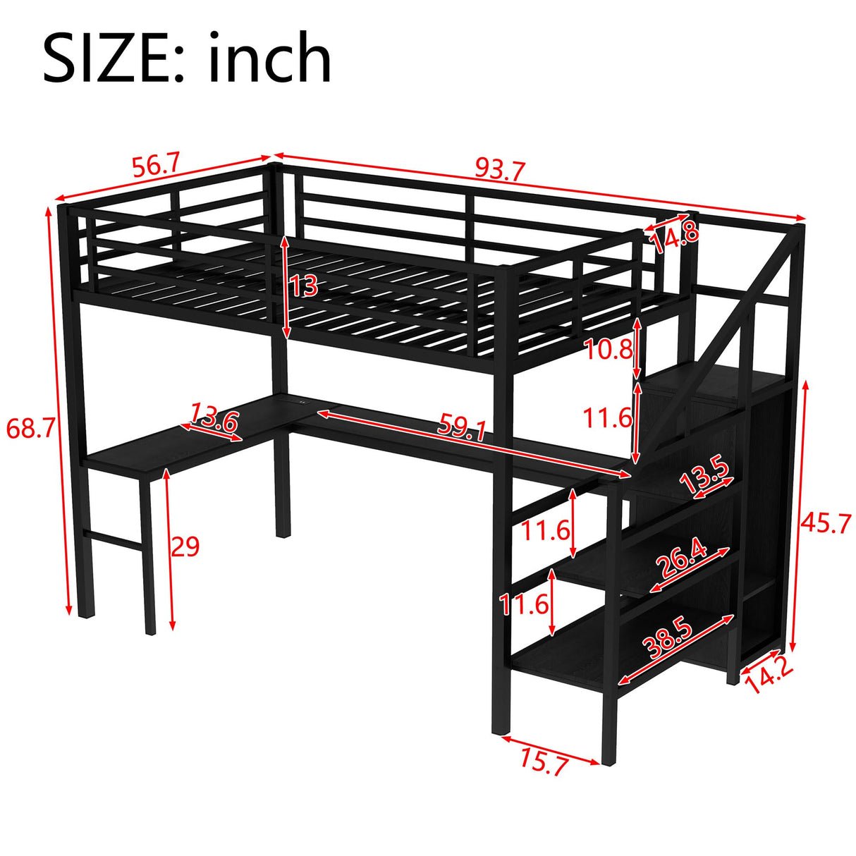 Bellemave Full Size Metal Loft Bed with L Shaped Desk and Wardrobe, Heavy Duty Loft Bed Frame with Storage Stairs, LED Loft Bed Frame with Charging Station & Safety Guard, Space Saving Loft Bed, Black Bellemave
