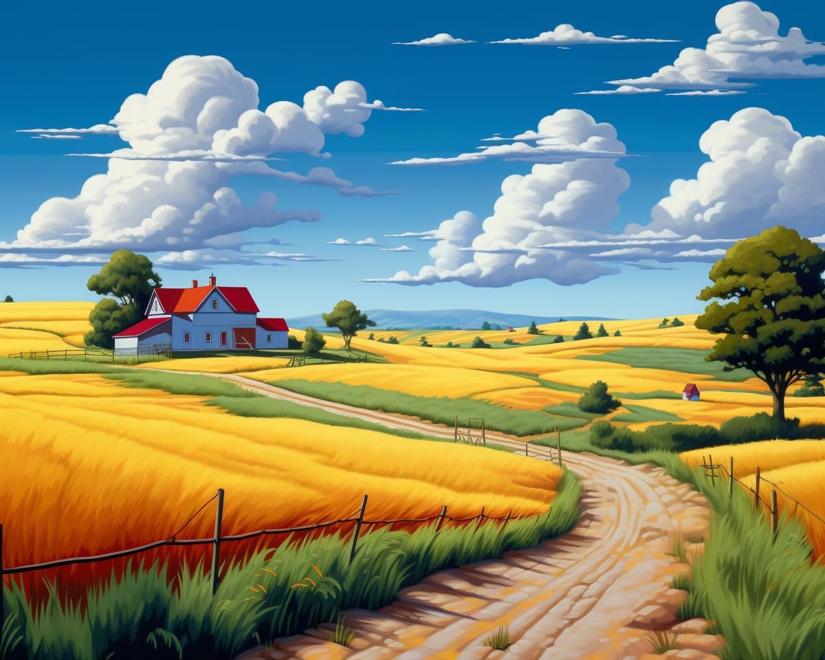 VOAA Adult Square Diamond Art Set, DIY Rural Kansas Blue Sky, White Clouds, and Field Scenery Diamond Painting Landscape Square Drill, Home Office Wall Decoration Mosaic Gemstone Art, 16 "x12 VOAA