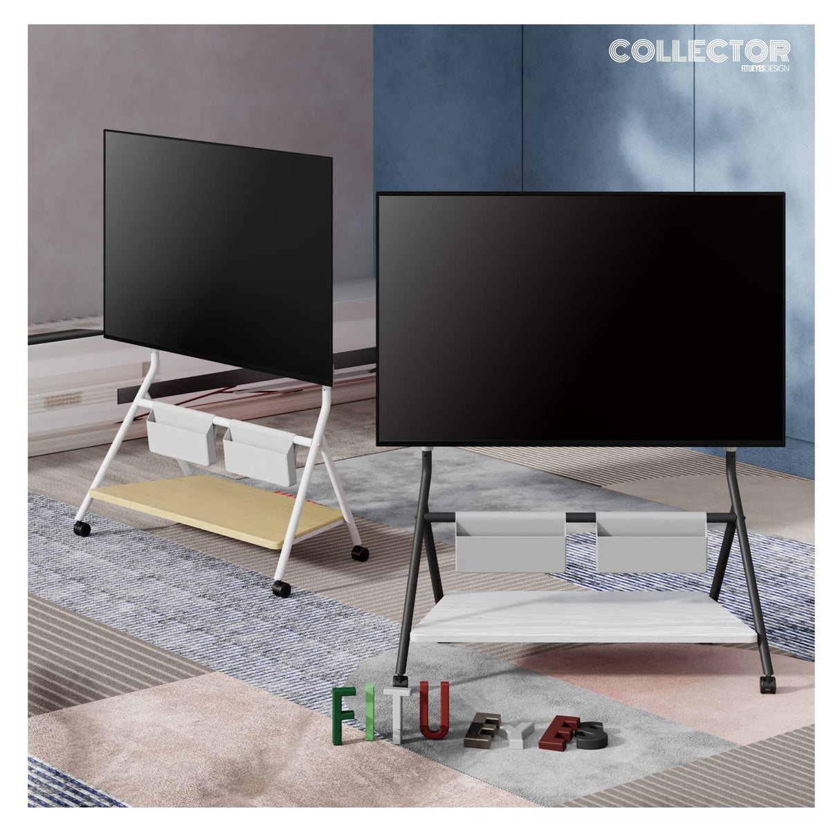 FITUEYES Design Mobile TV Stand for 65 75 78 88 Inch TV, TV Cart Floor Stand with Mount for LCD/LED Flat Curved Screens, Modern Corner TV Stand with Wooden Storage Shelves, Collector Series FITUEYES