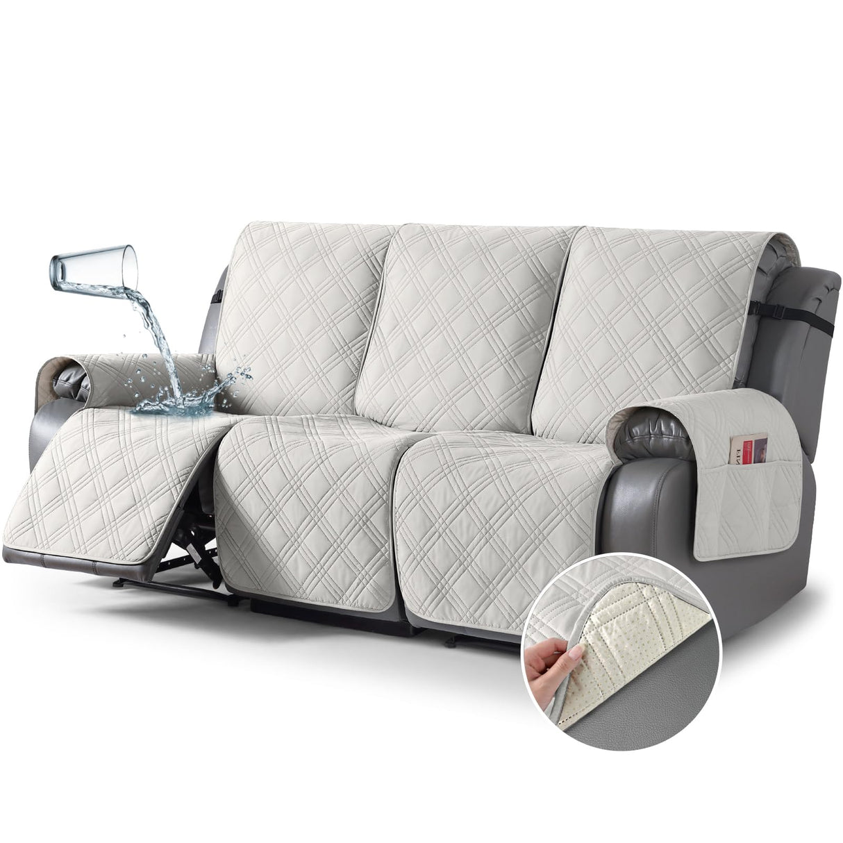 TAOCOCO 100% Waterproof Recliner Sofa Cover, Non Slip Split Couch Covers for Reclining Couches with Elastic Straps, Washable Reclining Sofa Cover Furniture Protector for Kids Pets(3 Seater, Off White) TAOCOCO