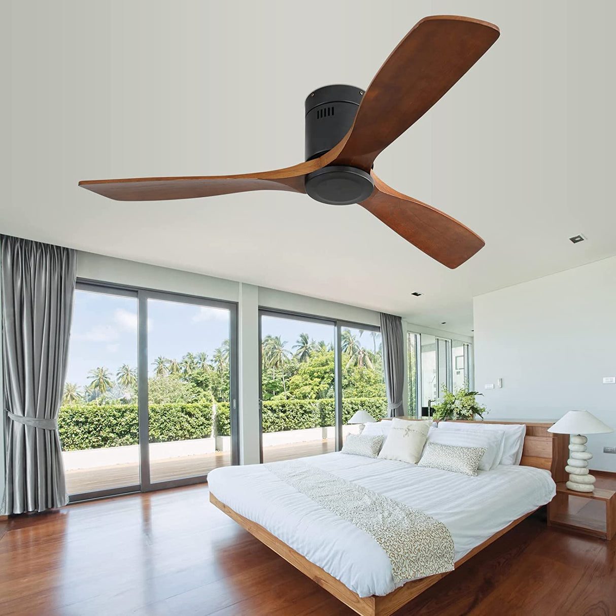 CACI Mall 52 Inch Ceiling Fan with Remote Control, Low Profile Flush Mount Ceiling Fan without Light, 3 Walnut Wood Ceiling Fan No Light, Noiseless Reversible ETL DC Motor with Timer CACI Mall