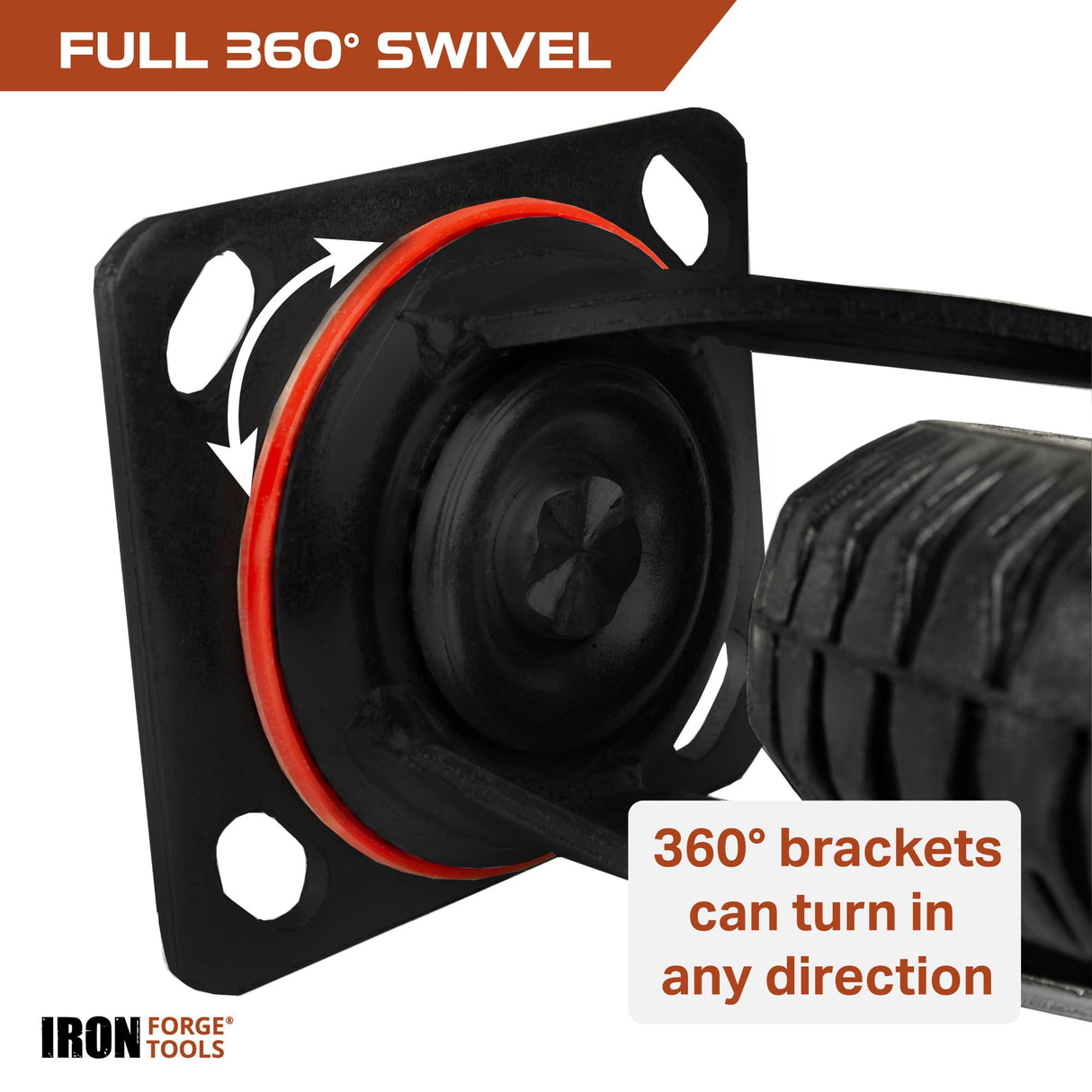 Iron Forge Tools 8 Inch Heavy Duty Swivel Knobby Casters Set of 4, 7-7/8" Diameter, Solid PU Knobby Tread Heavy Duty Caster Wheels, Swiveling Bases, Two Casters with Brakes, Two Without, Black & Red Iron Forge Tools