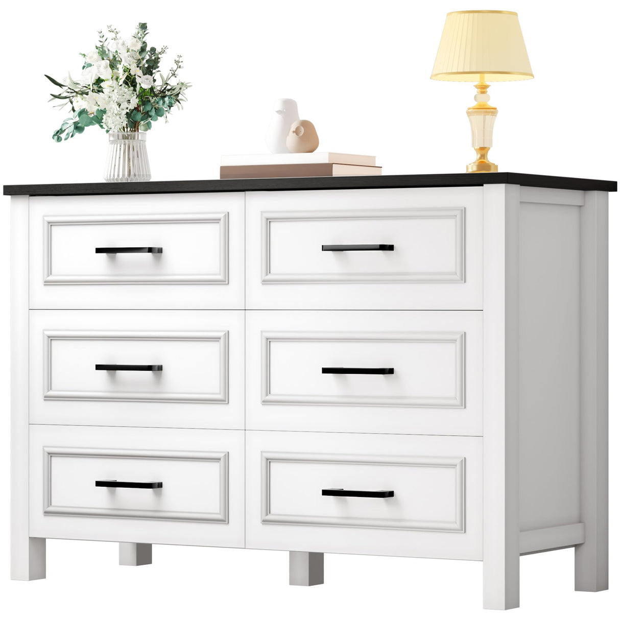 DWVO Farmhouse Wooden Dresser TV Stand with Power Outlet, 6-Drawer Dresser with Large Storage Drawers and Bar Handles, Ideal for Living Room, Hallway, 47.2" L x 15.7" W x 33.4" H - White & Black DWVO