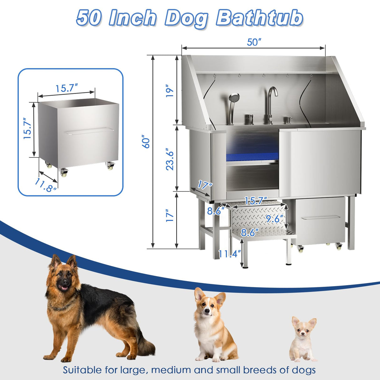 ROOMTEC 304 Stainless Steel Dog Washing Station, 50 Inch Professional Dog Grooming Tub, Pet Bathtub with Sink, Storage Drawer,Ladder ROOMTEC