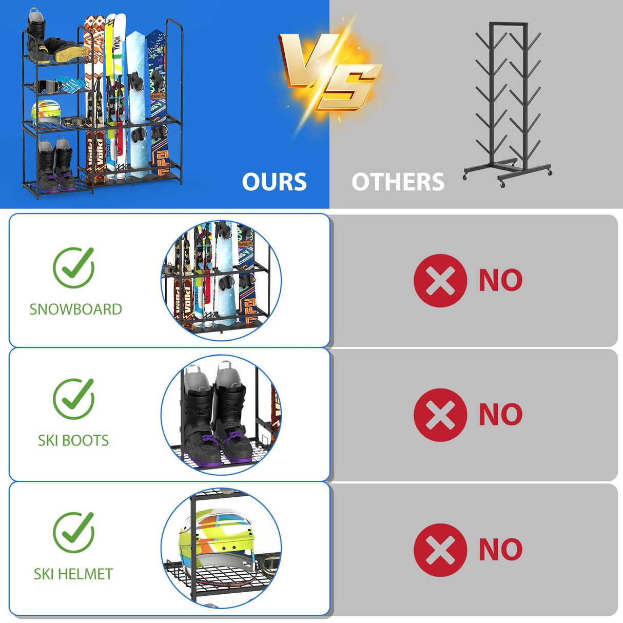 Freestanding Ski Rack for Garage - Stores 4 Pairs of Skis, Adjustable Ski Boot Holder, Organizes Skis, Boots, Poles, Goggles, Helmets & Gear, Ideal for Garage, Shed, Basement, Ski Enthusiasts KANEODOT