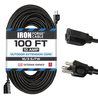 Iron Forge Cable Weatherproof Outdoor Extension Cord 100 ft, 16 Gauge Black Extension Cord 3 Prong for Outside, SJTW Exterior Power Cable for Outdoor Lights, Lawn & Landscaping - US Veteran Owned