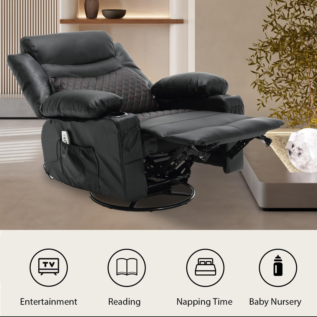 linting Electric Swivel Rocker Recliners with Massage and Heat for Adults Faux Leather Overstuffed Power Swivel Recliner with Cup Holders USB Port, Black Rocking Glider Chairs linting