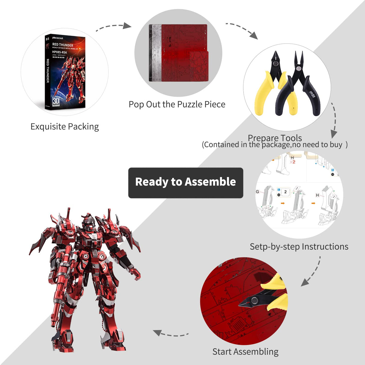 Piececool 3D Metal Puzzles Mecha Model Kits, Red Thunder Figure Models Building Kits for Adults, DIY Brain Teaser 3D Puzzle for Teen Students Fidget Toys Perfect Birthday, 522 Pcs Piececool