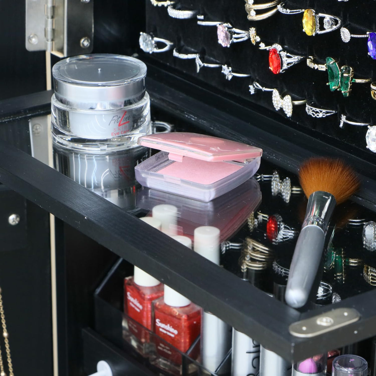 MASMIRE Swivel Full Length Mirror Jewelry Cabinet Standing With Built-In Mirror - 63.7”H Lockable Storage Jewelry Armoire With Mirror Drawers 3 Storage Racks Christmas Gift for Women Brown MASMIRE