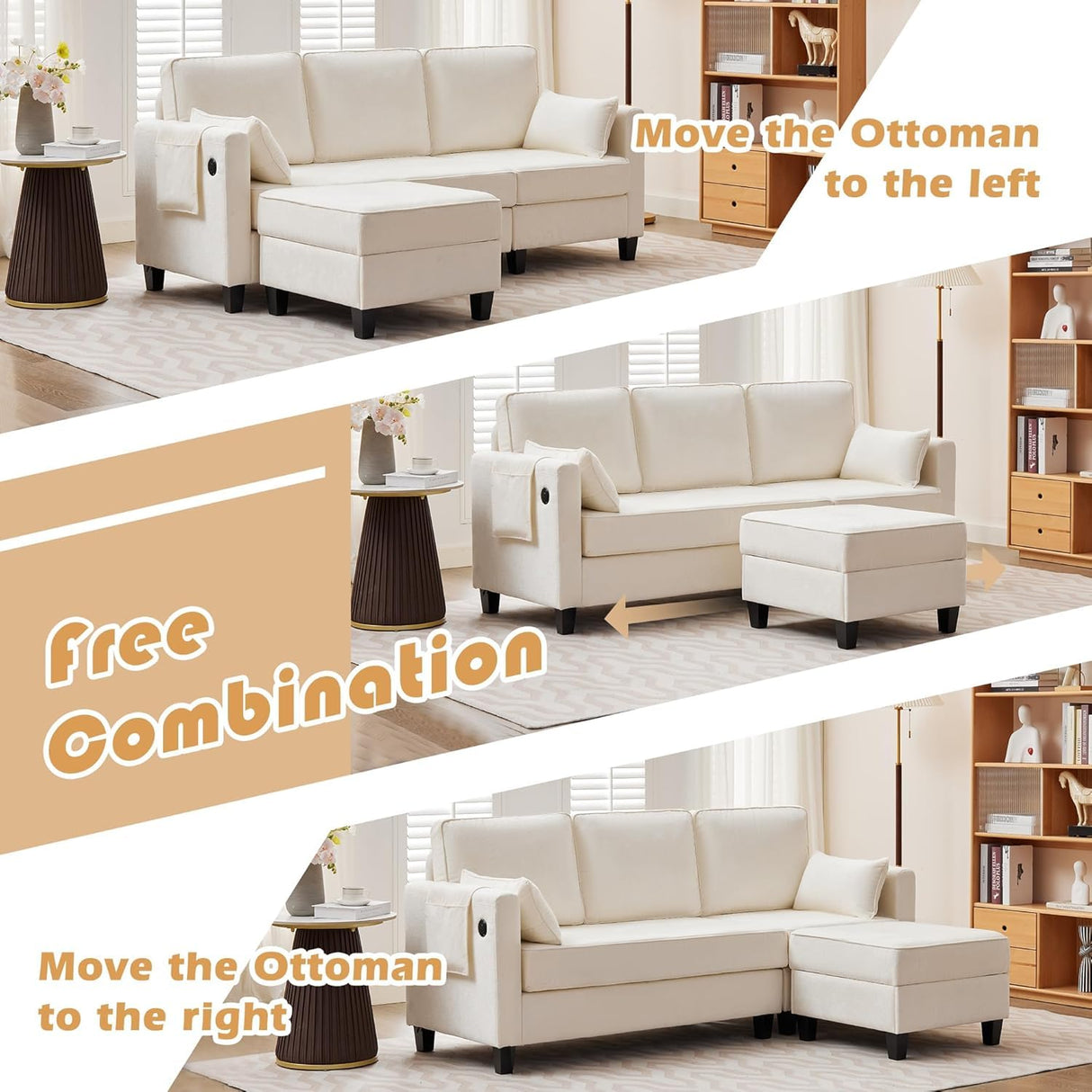 MAGIC UNION Convertible Sectional Couches for Living Room - Small Space Couches L-Shaped Sofa, Upholstered 3 Seats Sofas W/Storage Chaise, USB Ports, Side Pockets and Pillows (Chenille Fabric, White) MAGIC UNION