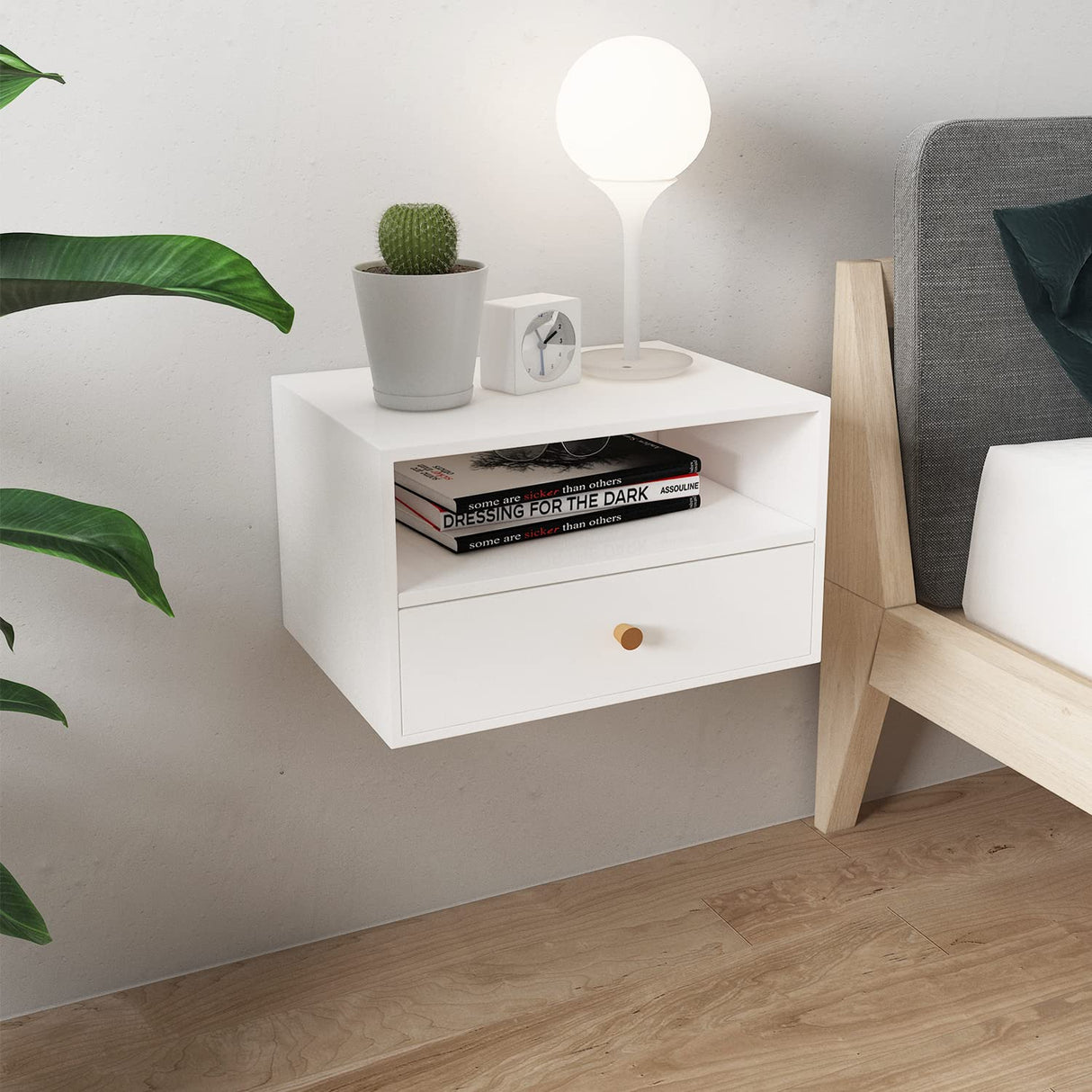 RANK Floating Nightstand Modern White Nightstands Side Table Wall Mounted Shelf with Drawer Storage for Living Room, Bedroom RANK