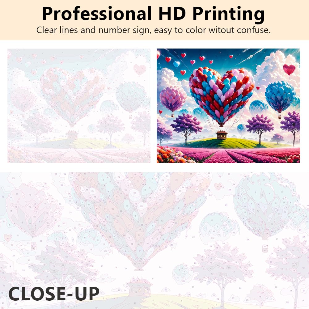 Romantic Paint by Numbers Kit for Adults Heart-Shaped Balloon and Pink Clouds and Flower Fields Paint by Number with Brushes and Pigment, Tarot Banner Oil Painting, 16x20 Inch TUMOVO