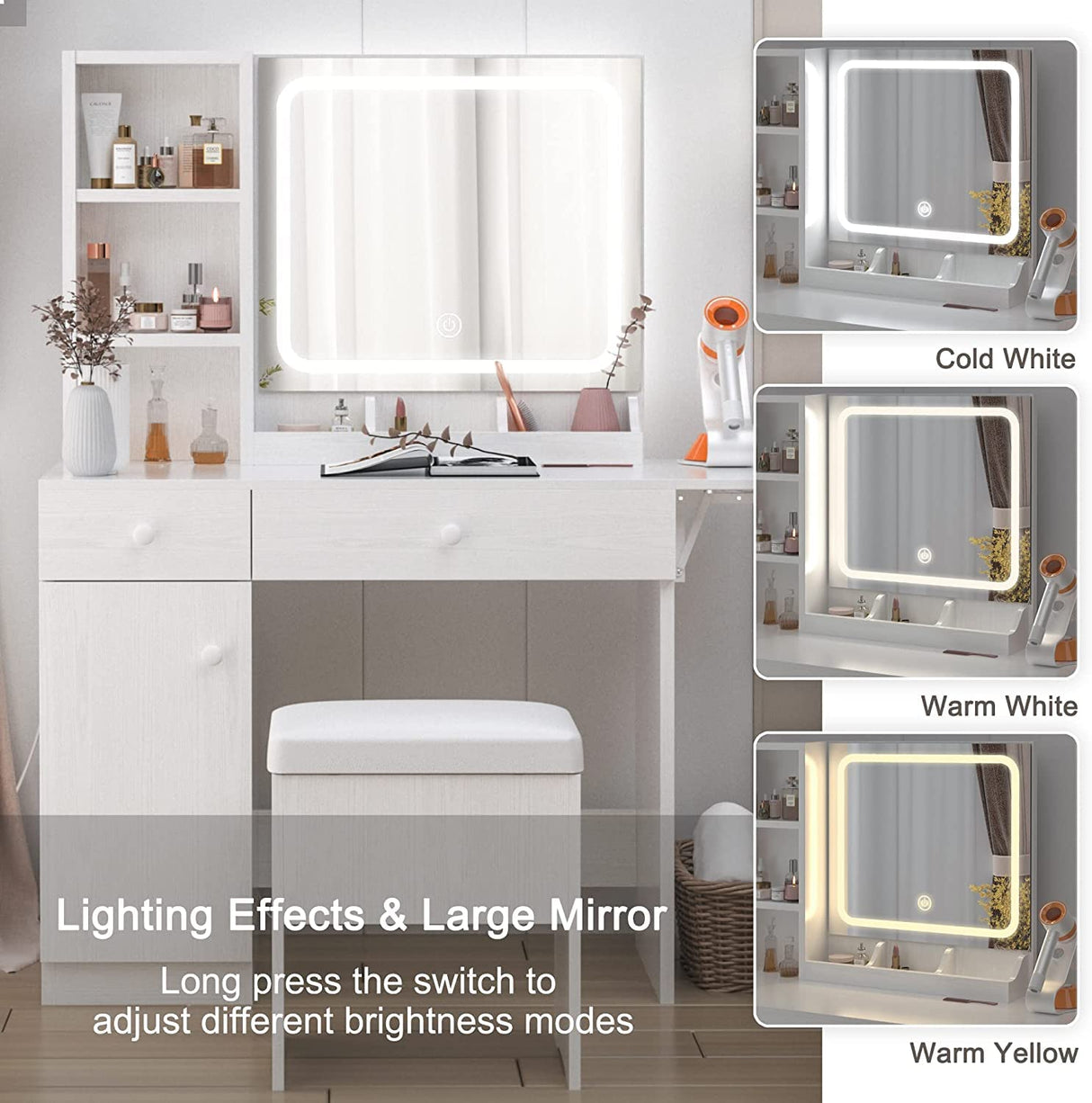 IRONCK Vanity Desk with LED Lighted Mirror & Power Outlet, Makeup Table with Drawers & Cabinet,Storage Stool,for Bedroom, White IRONCK