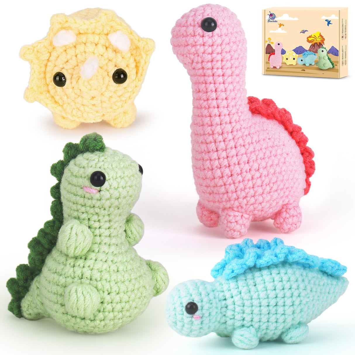 Crochet Kit for Beginners, Beginner Crochet Kit for Adults with Step-by-Step Video Tutorials, DIY Crochet Animal Kits Kids Knitting Supplies, 4 Pack Dinosaurs (40%+ Yarn) Crochetta