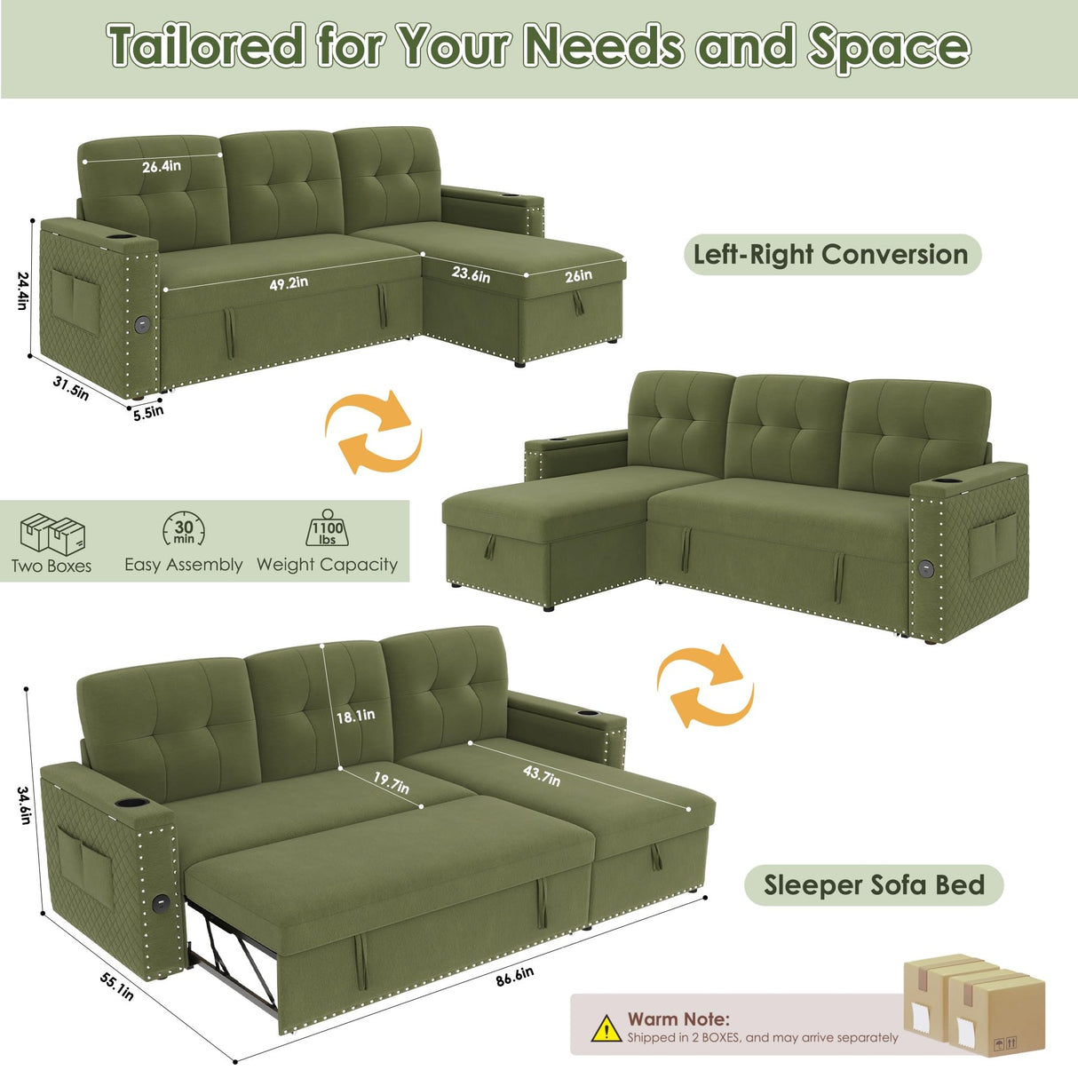 HIFIT Sleeper Sofa Bed- 87" L Shaped Pull Out Couches for Living Room with Storage Chaise, Storage Armrest, LED Light&USB Port&Cupholder, Modern Velvet Sectional Home Sofa Living Room Furniture, Green HIFIT