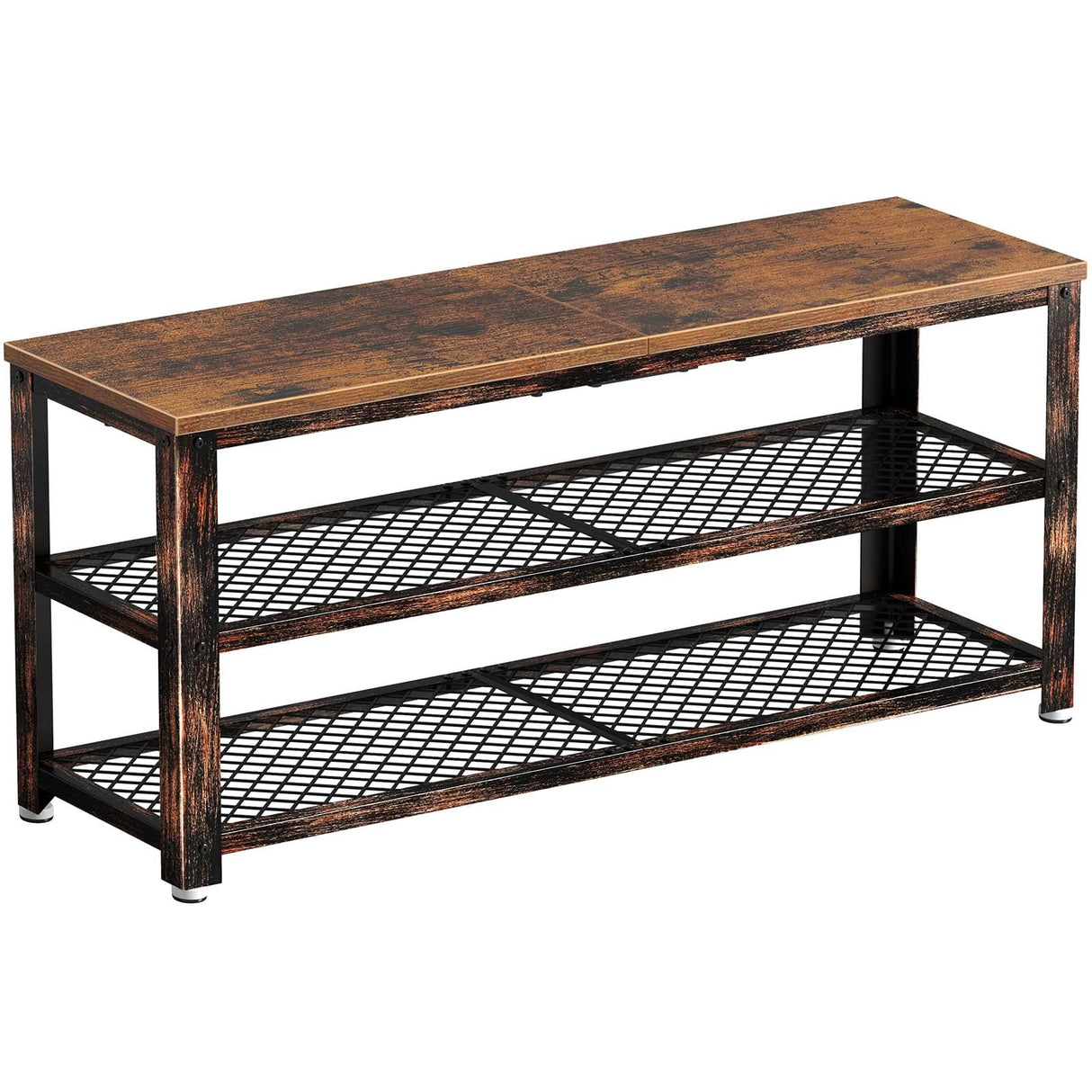 Rolanstar Shoe Bench, 3-Tier Shoe Rack, 39.4” Storage Entry Bench with Mesh Shelves Wood Seat, Rustic Foyer Bench for Hallway Front Door, Doorway, Living Room, Mudroom, Steel Frame, Rustic Brown Rolanstar