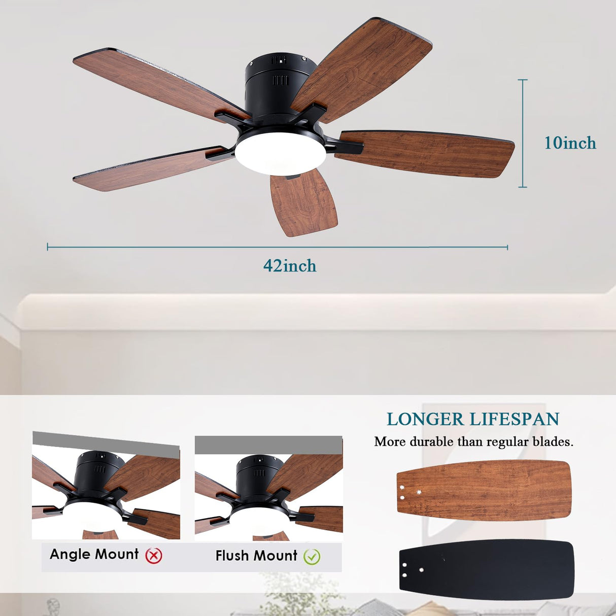Ayaoty Ceiling Fans with Lights, 42 inch Low Profile Ceiling Fan with Light and Remote Control, Flush Mount, LED Dimmable DC Reversible Modern Ceiling Fan for Bedroom Ayaoty