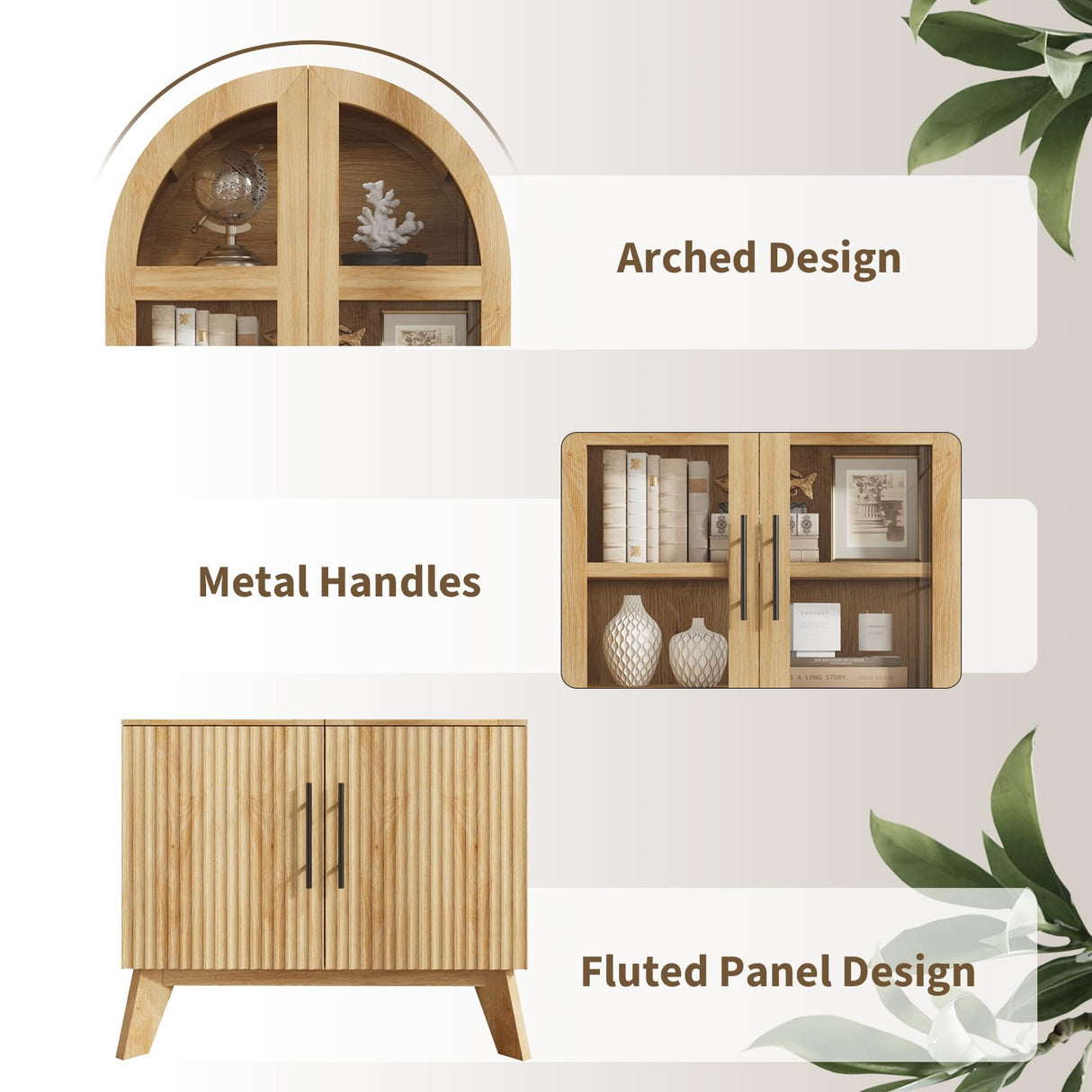 RNLRNL 71" Modern Fluted Display Cabinet with Glass Door, Arched Curio Cabinet with Adjustable Shelf, Bookcase for Collectibles Books, Storage Cabinet for Living Room, Dining Room, Natural Oak RNLRNL