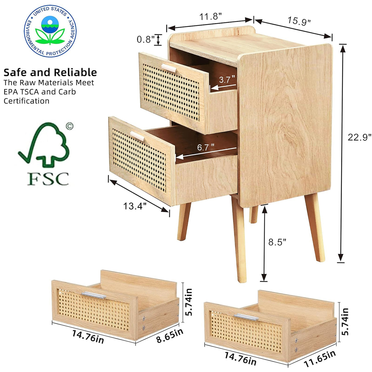 HHETOGOL Rattan Nightstand with Charging Station & 2 Rattan-Like Decor Drawers,Small End Table with Solid Wood Feet for Small Bedroom, Living Room, TTBZ02YE HHETOGOL