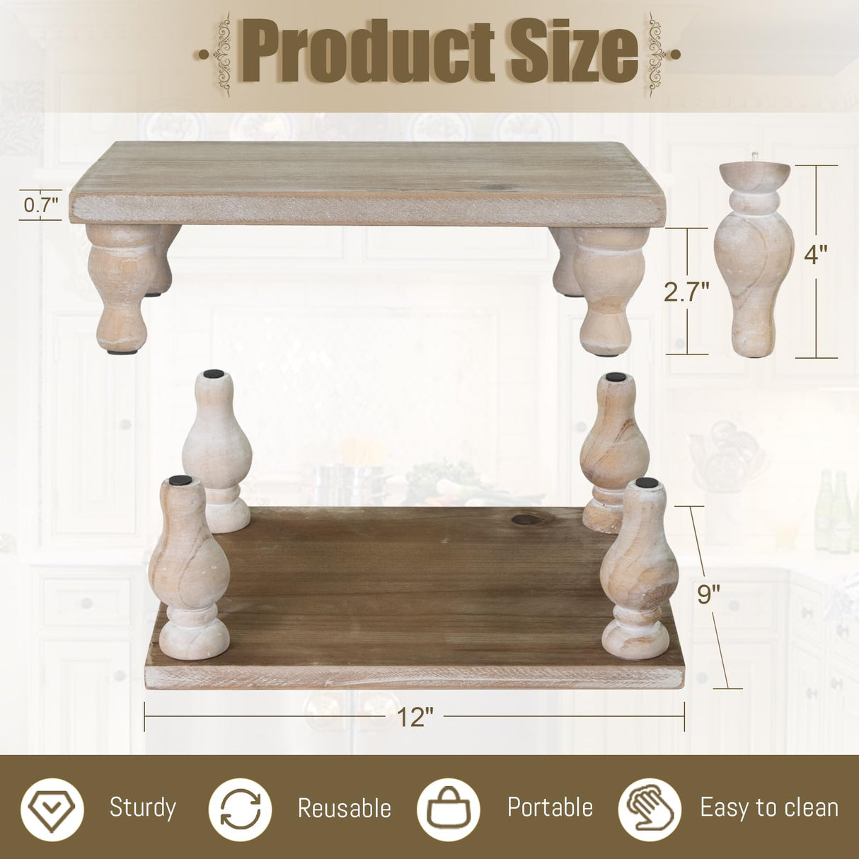 MAONAME Decorative Wooden Display Riser, Farmhouse Wood Pedestal Stand for Display, Rustic Washed White Tray Riser for Kitchen, Home Table Decor, Short and Tall Footed MAONAME