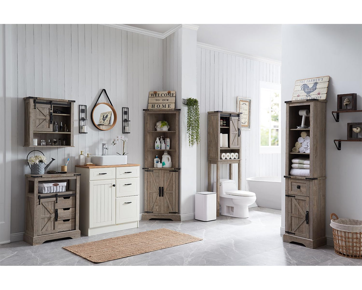 OKD Tall Corner Cabinet, Farmhouse Storage Cabinet with Barn Door Design & Adjustable Shelves, Home Space Saver for Bathroom, Living Room, Light Rustic Oak OKD