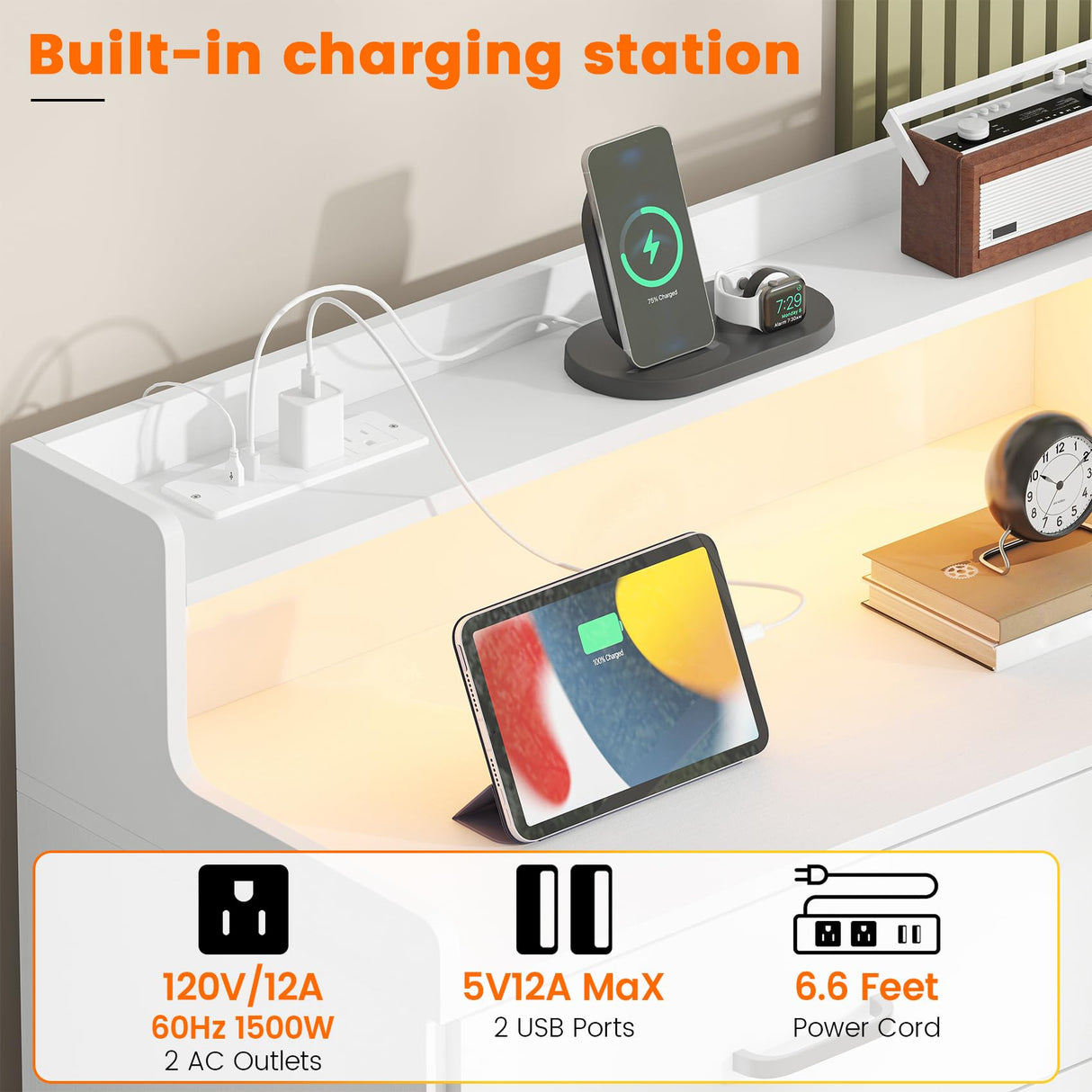 Bigbiglife 9 Drawer Dresser with Built in Power Outlet and LED Light, Modern Chest of Drawers for Bedroom, Triple Wide Drawer Organizer Cabinet for Living Room, Entryway, Hallway, Antique White Bigbiglife