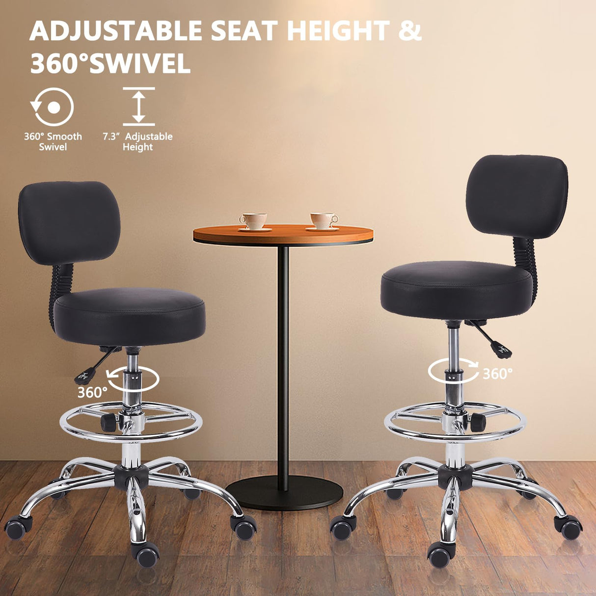 KLASIKA Drafting Chair with Backrest, Adjustable Foot Rest Height Rolling Stool with Wheels, Leather Swivel Work Shop Office Stools Chairs, Thick Seat Cushion Tall Kitchen Home Bar Stool - Black KLASIKA