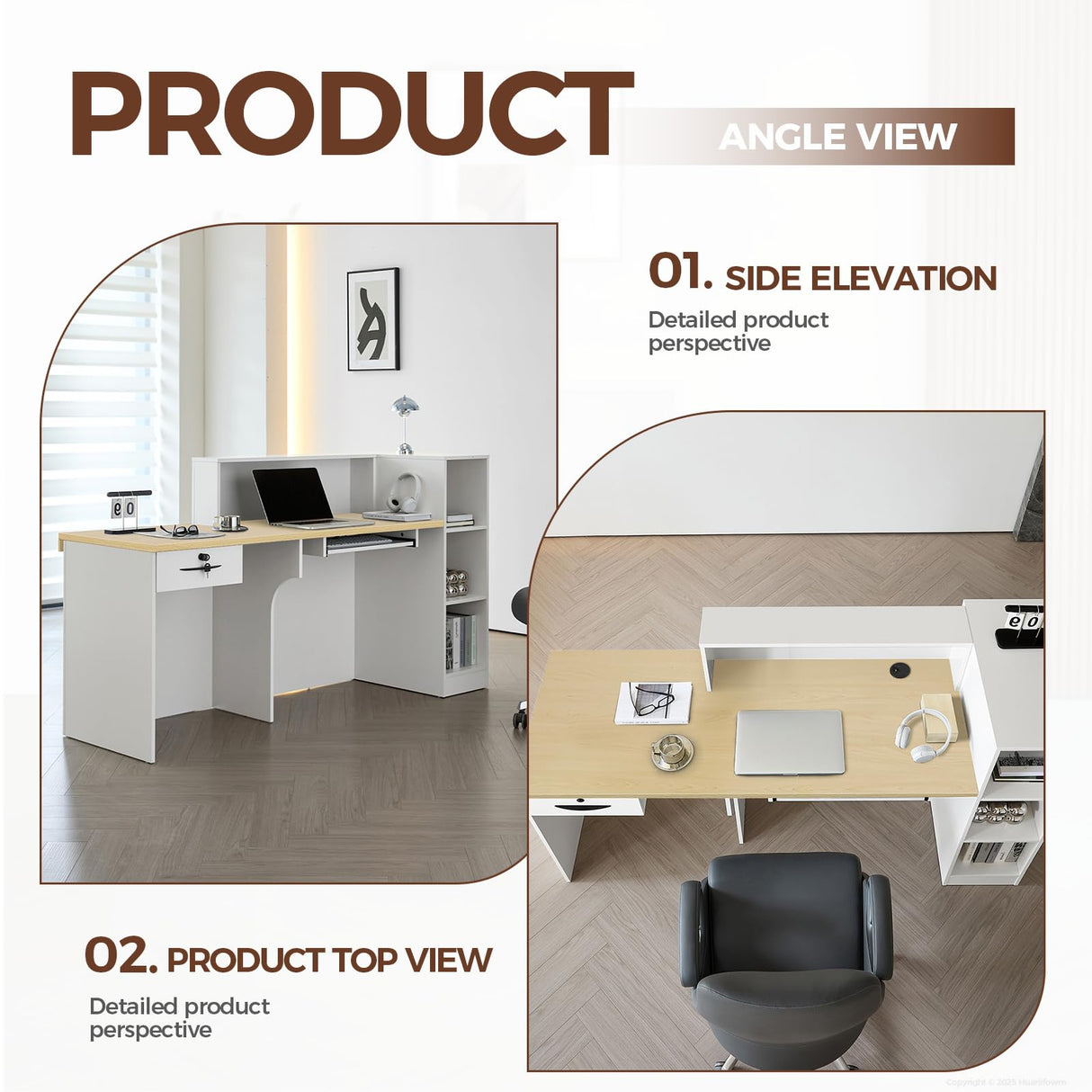 Huariifowm Modern L Shape Reception Desk with Counter, LED Light, Lockable Drawer, Keyboard Tray, for Salon, Office, or Lobby Receptionist Desk(Maple+White/Right, 71" L*24" W*39" H) Huariifowm