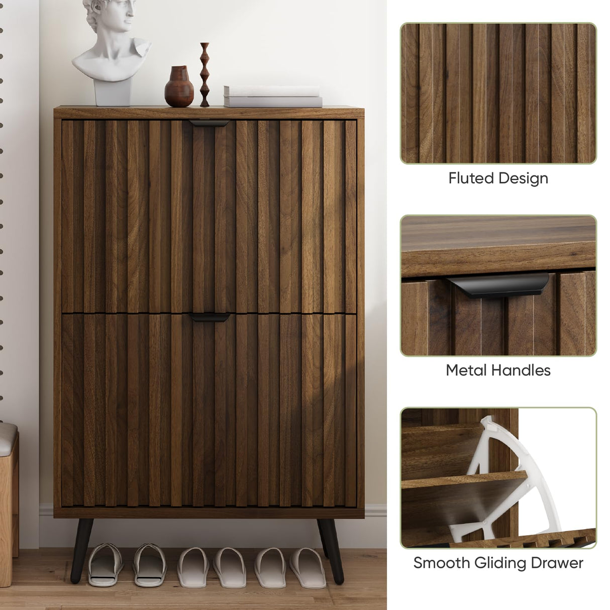 Smuxee Shoe Cabinet with 2 Flip Drawers, 23.6" Walnut Hidden Shoe Storage Cabinet with Fluted Design, Freestanding Shoe Organizer Cabinet for Entryway, Hallway, Closet, Living Room Smuxee
