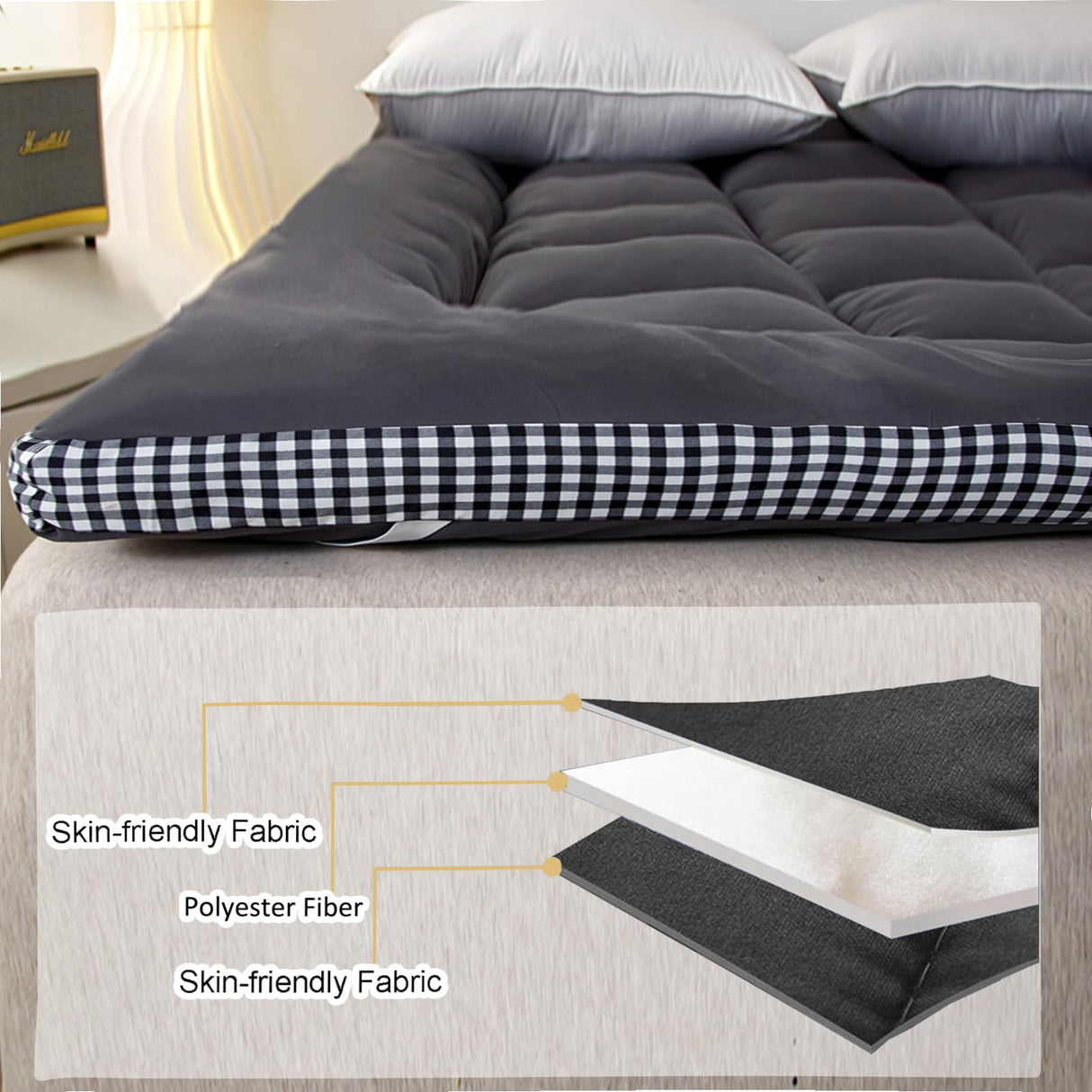 Thick Mattress Topper Twin Size - Non-Slip Mattress Pad Cover for Back Pain Breathable Folding Sleeping Pad Machine Washable Mattress Protector (39x75 inch,Black) Reberyle