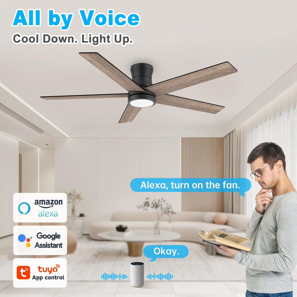52" Smart Wood Low Profile Ceiling Fan with Lights Remote,Outdoor Indoor Flush Mount Ceiling Fans,Controll by Voice WIFI Alexa App,Quiet DC Motor,Modern Black Walnut Fan for Bedroom Living Room Patio Lorpies