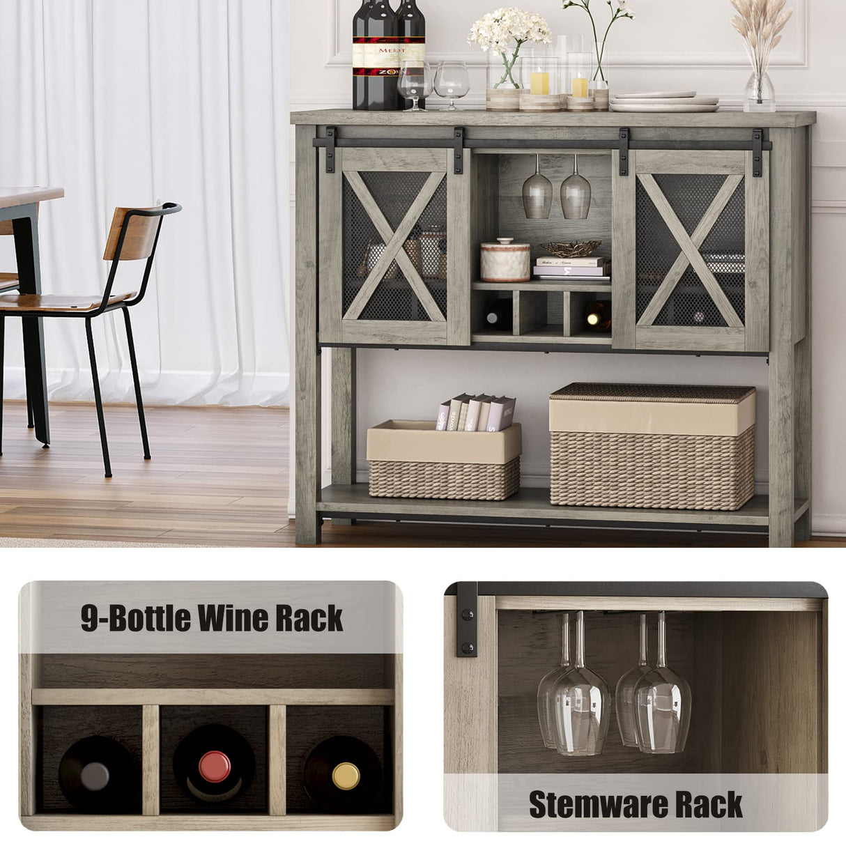 IDEALHOUSE Buffet Storage Cabinet Farmhouse Wine Cabinet Coffee Bar Table with Wine Glass Rack and Storage, Wood Buffets and Sideboards with Barn Mesh Door for Kitchen, Dining, Living Room, Grey IDEALHOUSE