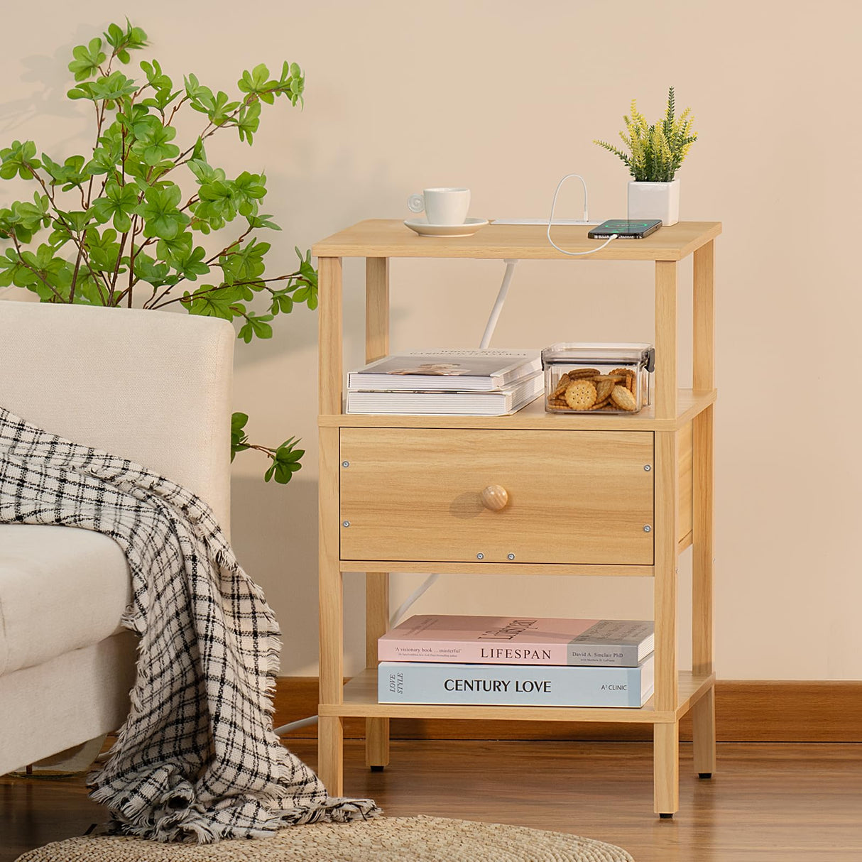 Lerliuo Nightstand with Charging Station and USB Ports, 3-Tier Storage End Table with Drawer Shelf, Night Stand for Small Spaces, Wood Bedside Table for Living Room, Bedroom - Natural Wood Lerliuo