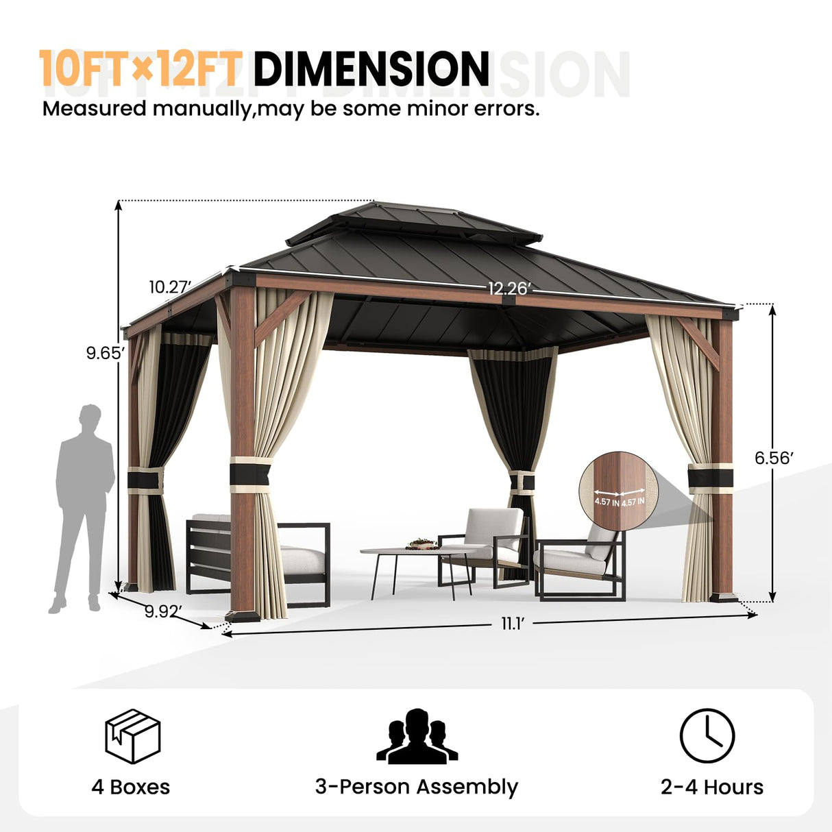 Amopatio 10' X 12' Wood Gazebo, Hardtop Gazebos with Galvanized Steel Double Roof, Outdoor Permanent Metal Aluminum Gazebo for Patio Deck Backyard Amopatio