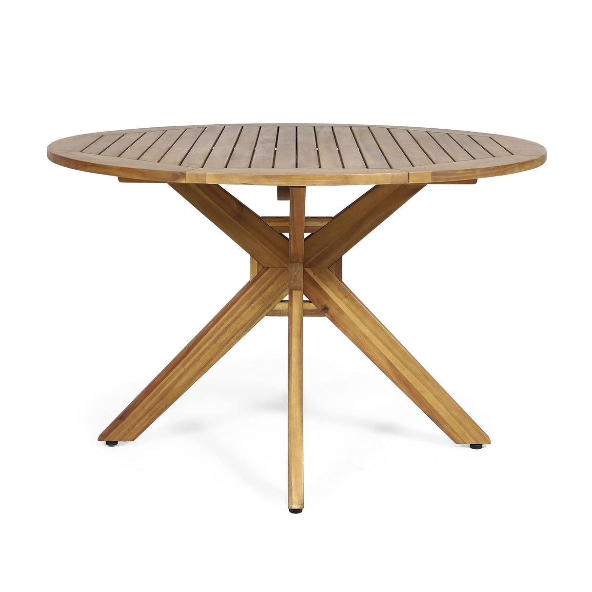 Christopher Knight Home Stamford Outdoor Wicker Dining Set with Acacia Wood Circular Table and Water Resistant Cushions, 5-Pcs Set, Teak Finish / Brown / Crème Cushion Christopher Knight Home