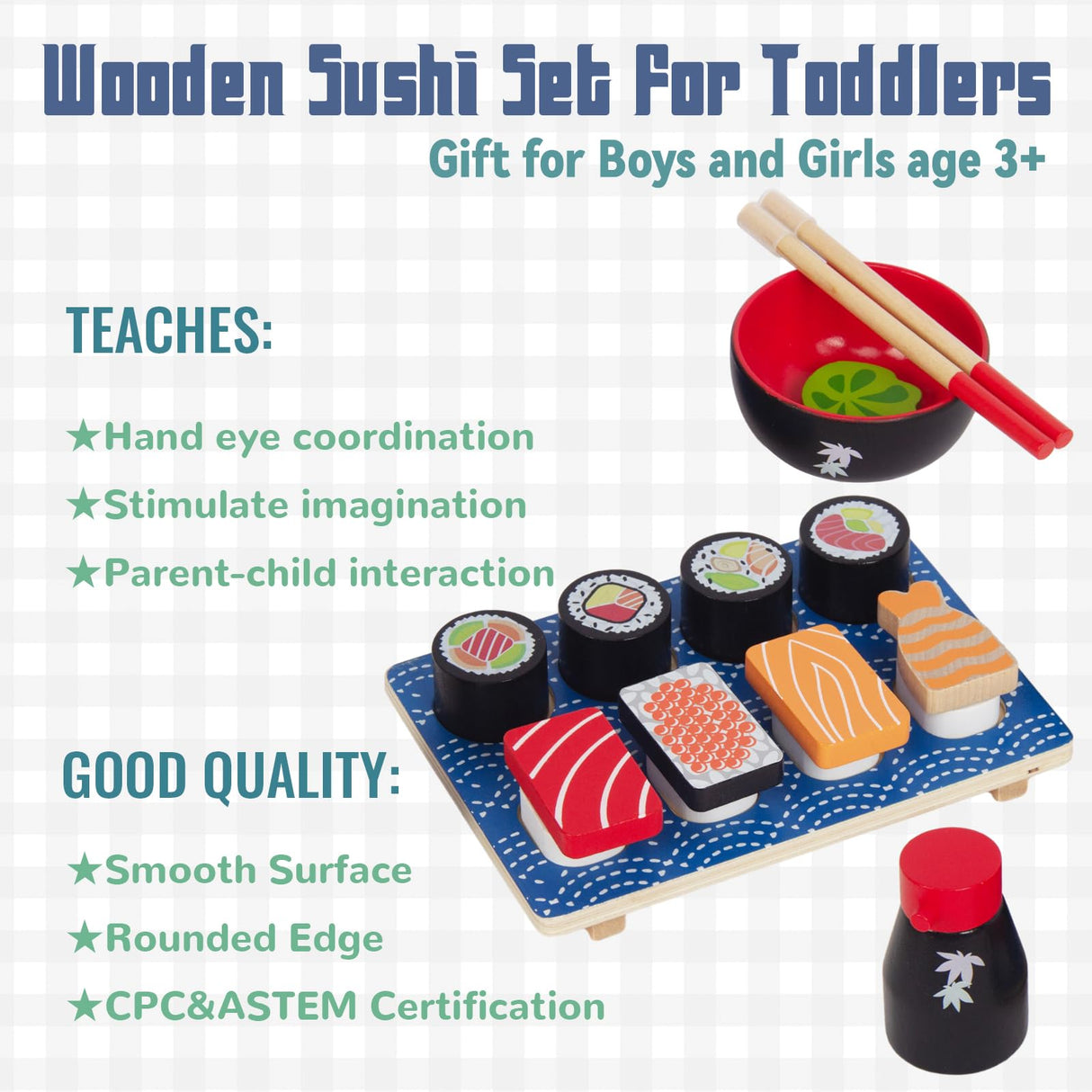 WoodenEdu Sushi Slicing Play Food Set, Wooden Pretend Play Kitchen Toys for Kids 3+, Sushi Food Play Learning Toy for Girls Boys WoodenEdu