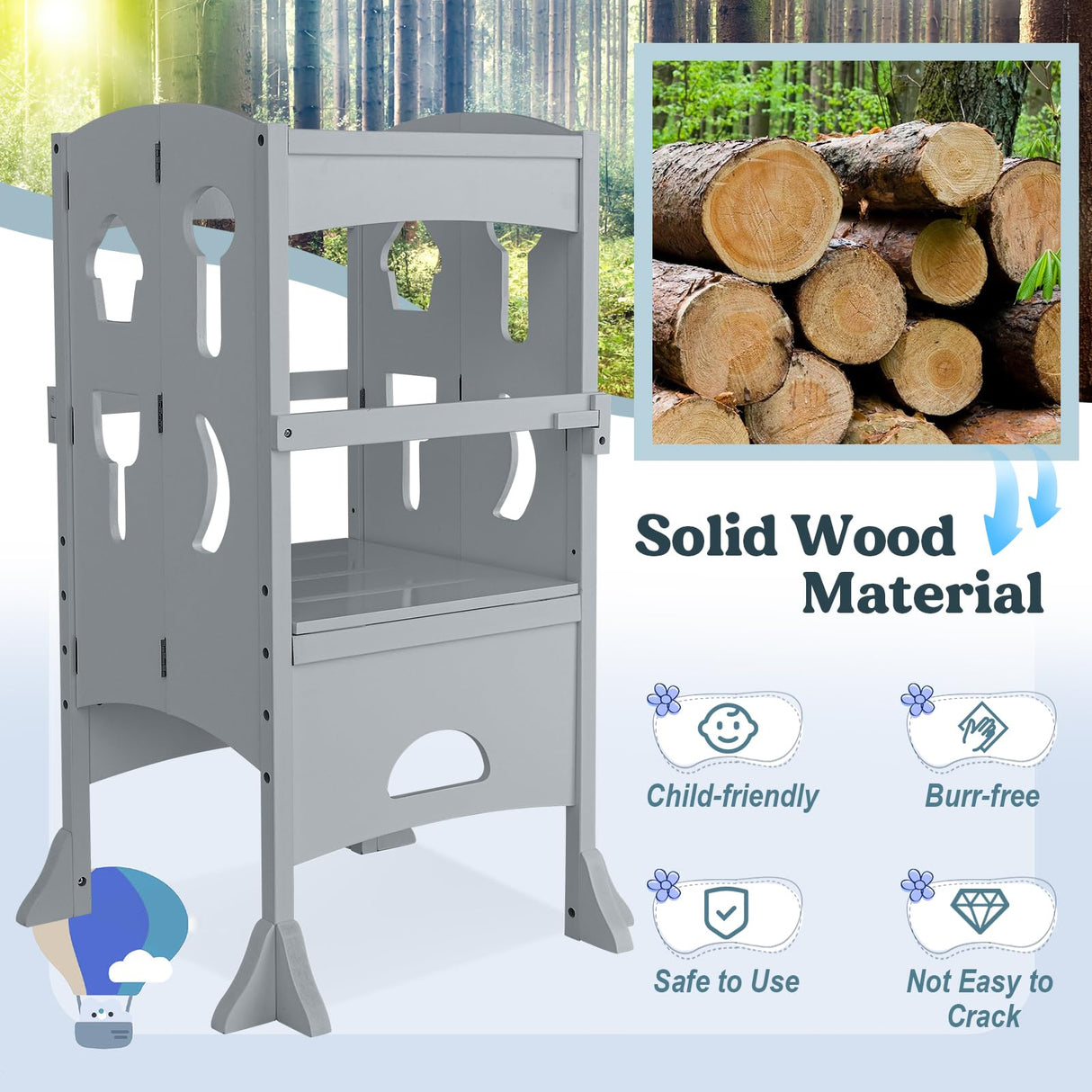 Costzon Toddler Tower, Foldable Kids Kitchen Step Stool w/Safety Rail, Height Adjustable Wood Standing Tower for Toddlers, Montessori Child Learning Tower for Bathroom, Kitchen Counter Costzon