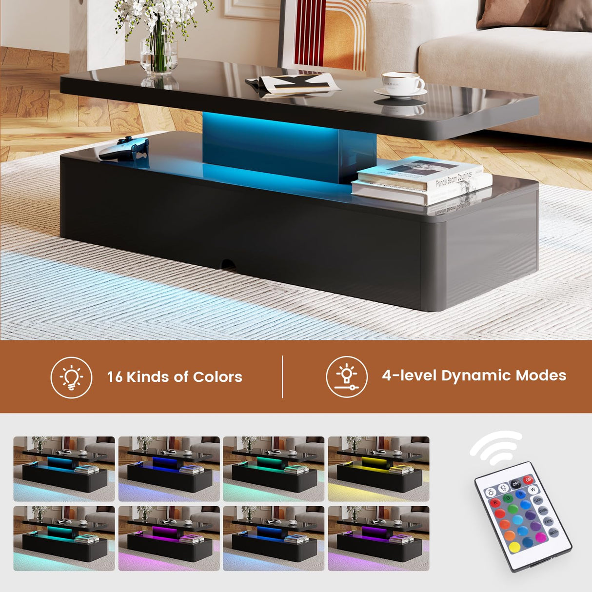 MXV Modern Coffee Table, 40 Inches Coffee Tables with 16 Colors LED Lights, 2 Tier Rectangular Center Table, Large Storage Space, High Glossy Wooden Tea Table for Living Room, Bedroom, Office, Black MXV