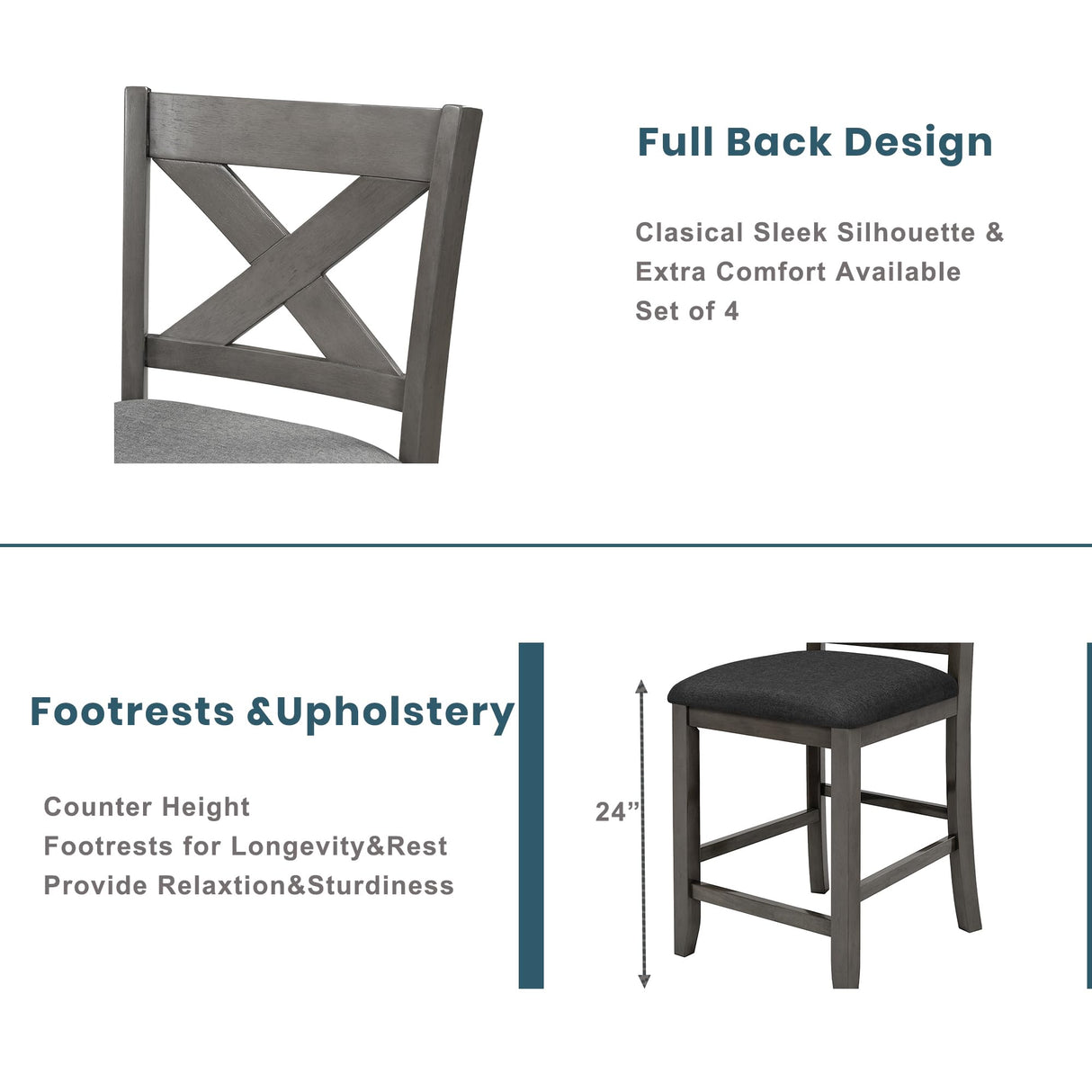 5 Pieces Counter Height Wooden Bar Table Set with 3-Tier Shelf and 4 Chairs, Rustic Farmhouse Dining Table Set for 4, Gray Harper & Bright Designs